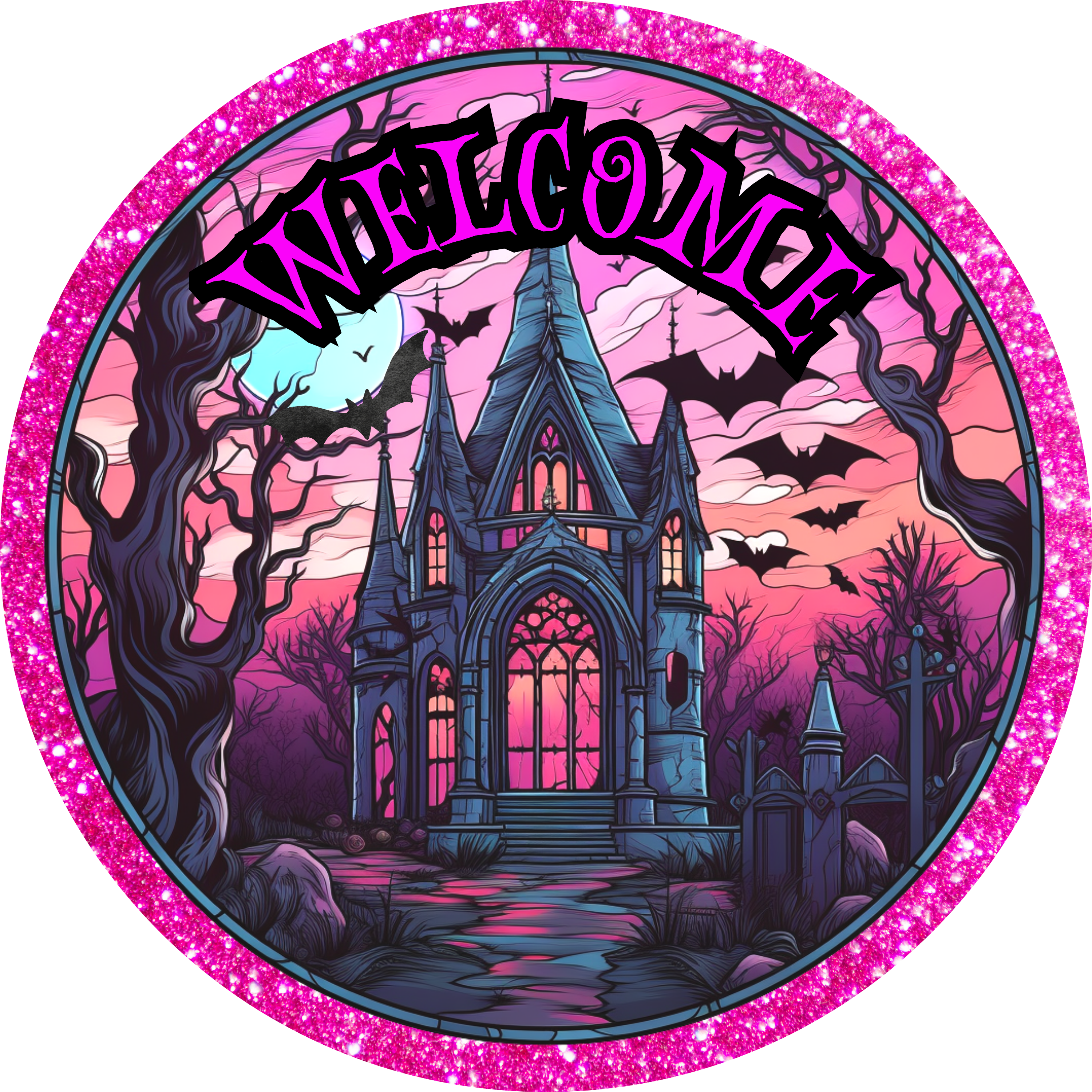 Pink Haunted House Welcome Sign, Spooky Gothic Halloween Decor