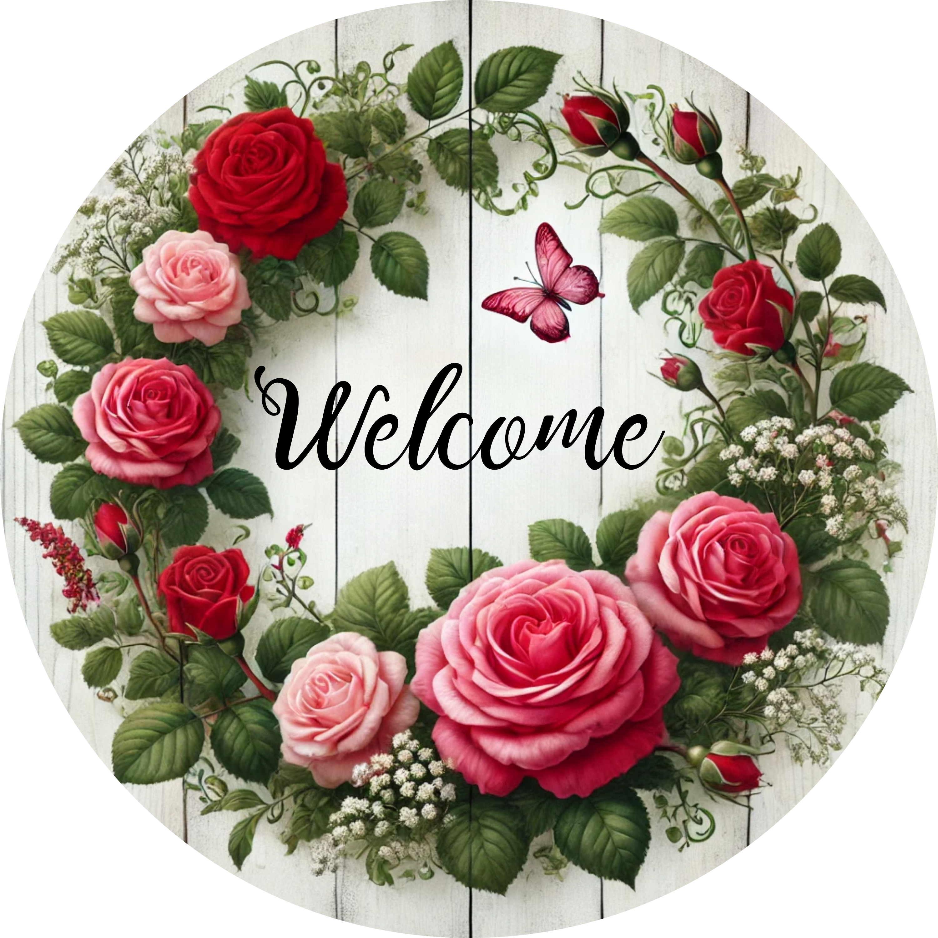 Welcome Metal Wreath Sign with Pink and Red Roses, Floral Door Sign for Spring Decor, Romantic Rose Wreath Attachment, Farmhouse Garden Entry Accent