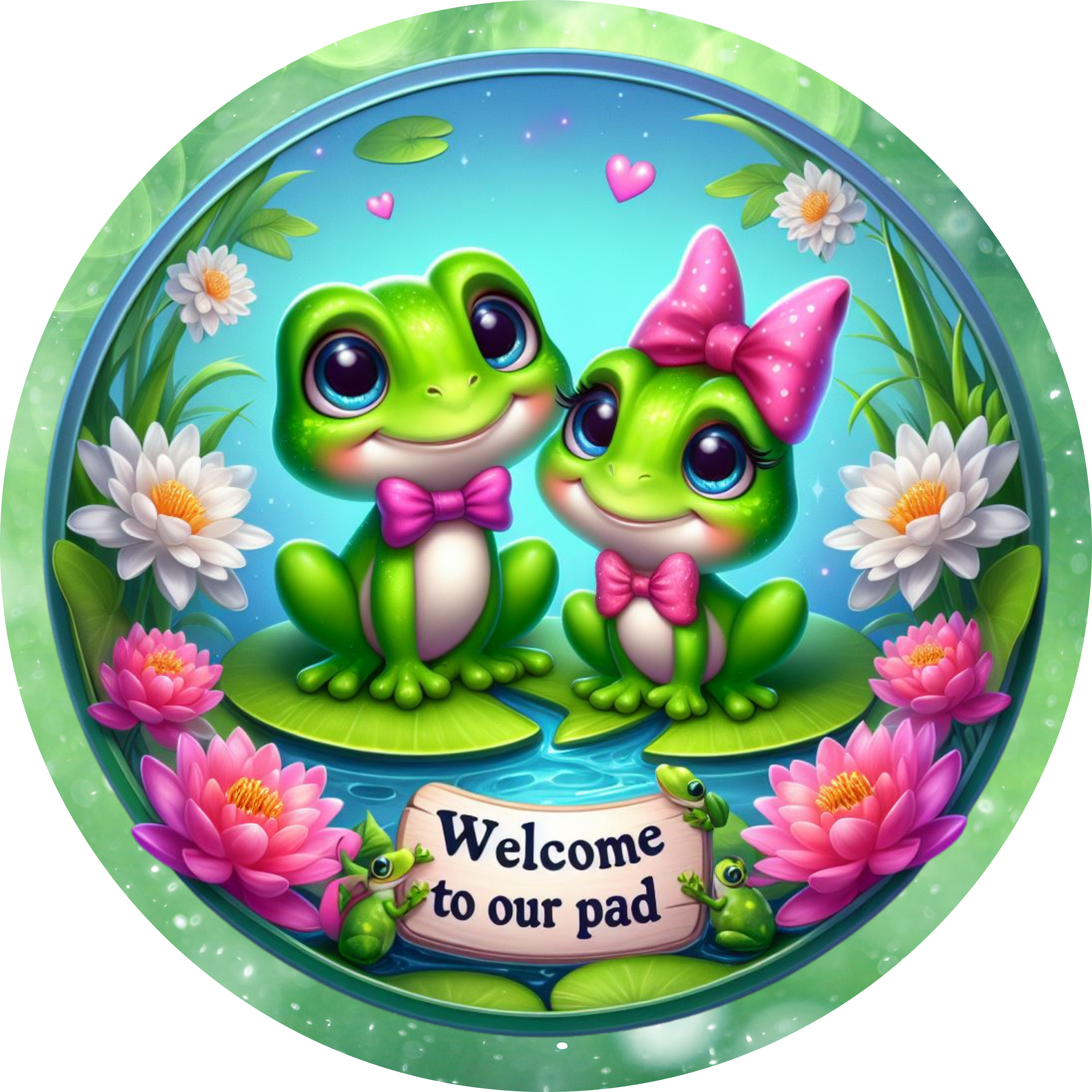Welcome to Our Pad Frog Couple Sign – Round Sublimated Metal Sign with Cute Frogs, Lilies & Bows, Whimsical Door or Wreath Decor