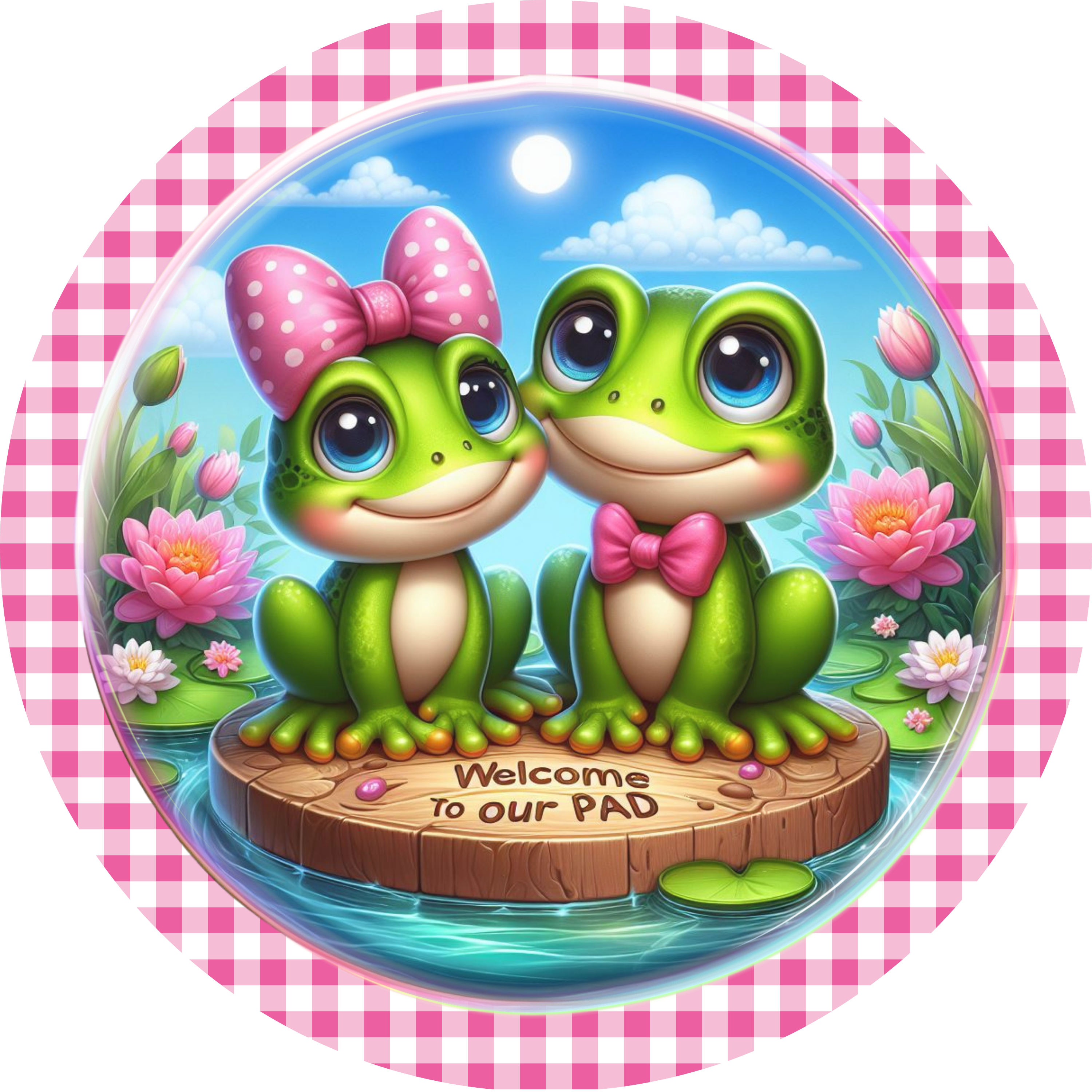 Welcome to Our Pad Frog Couple Sign – Round Sublimated Metal Sign with Pink Gingham Border, Cute Frogs, Water Lilies & Heart Accents
