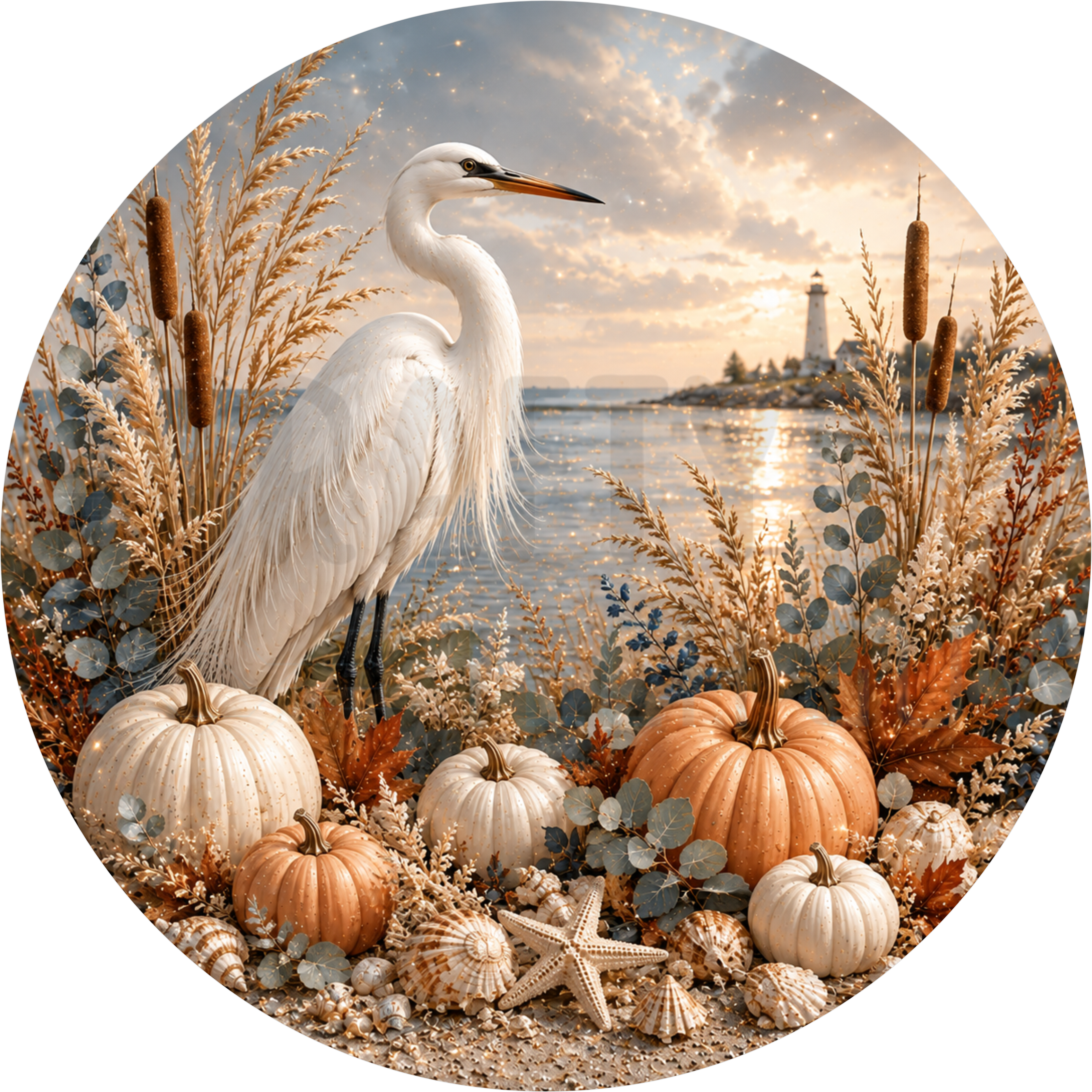 White egret round wreath sign on a beach with cream and orange pumpkins, cattails, sea oats, shells and a lighthouse in the distance