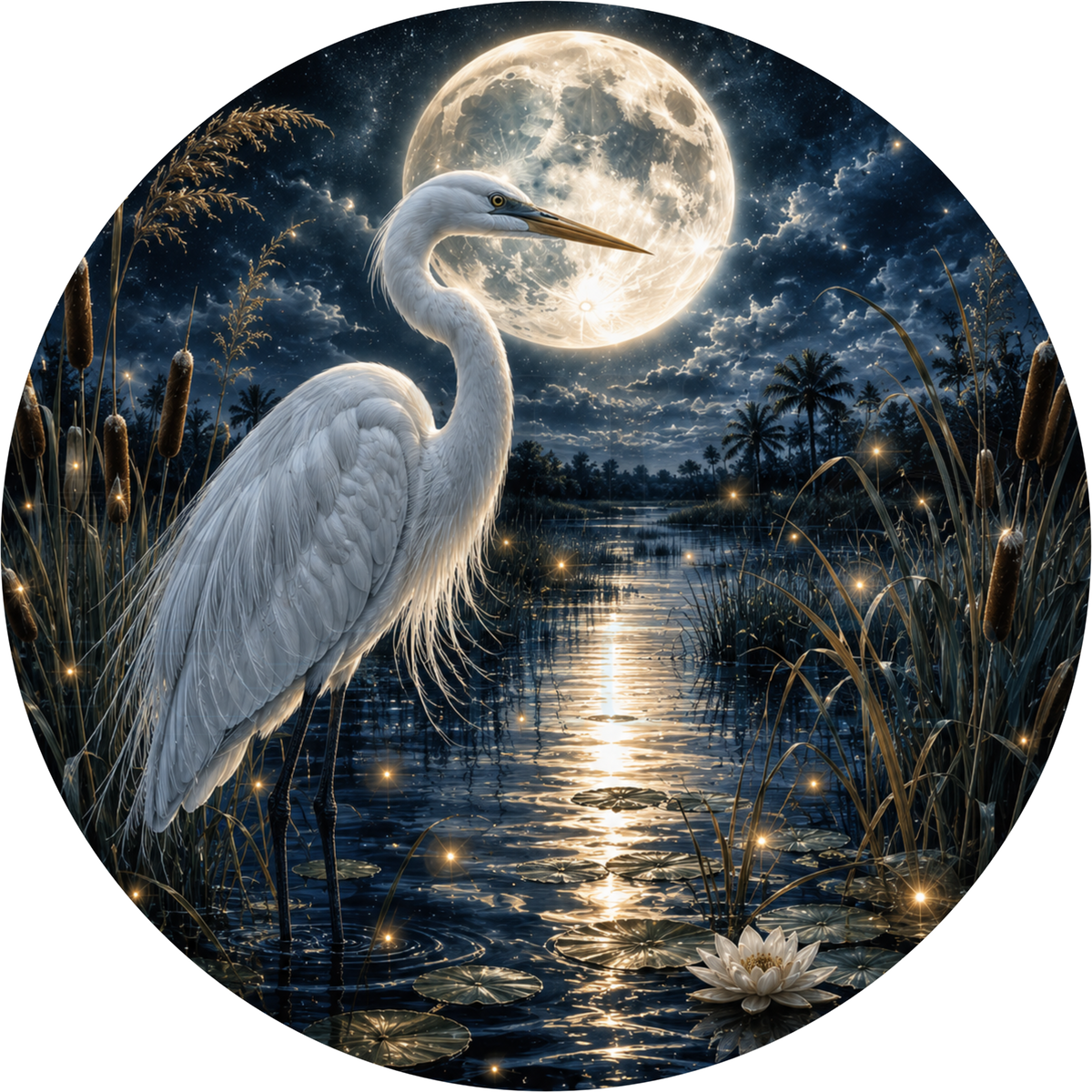 White egret round wreath sign standing in a moonlit night marsh with cattails, lily pads, a water lily and fireflies under a full moon