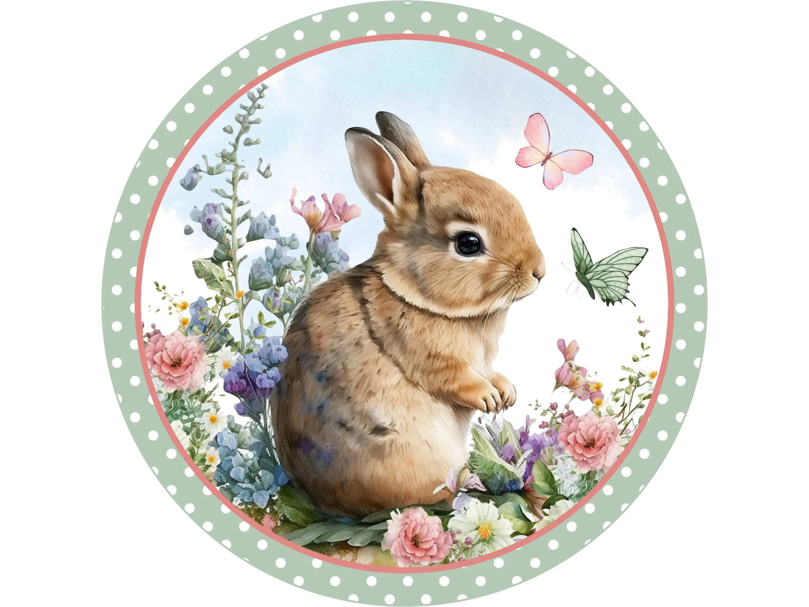 Letrero de corona metálica floral con diseño de conejito marrón y lunares blancos, arte de pared con mariposas y flores silvestres de primavera