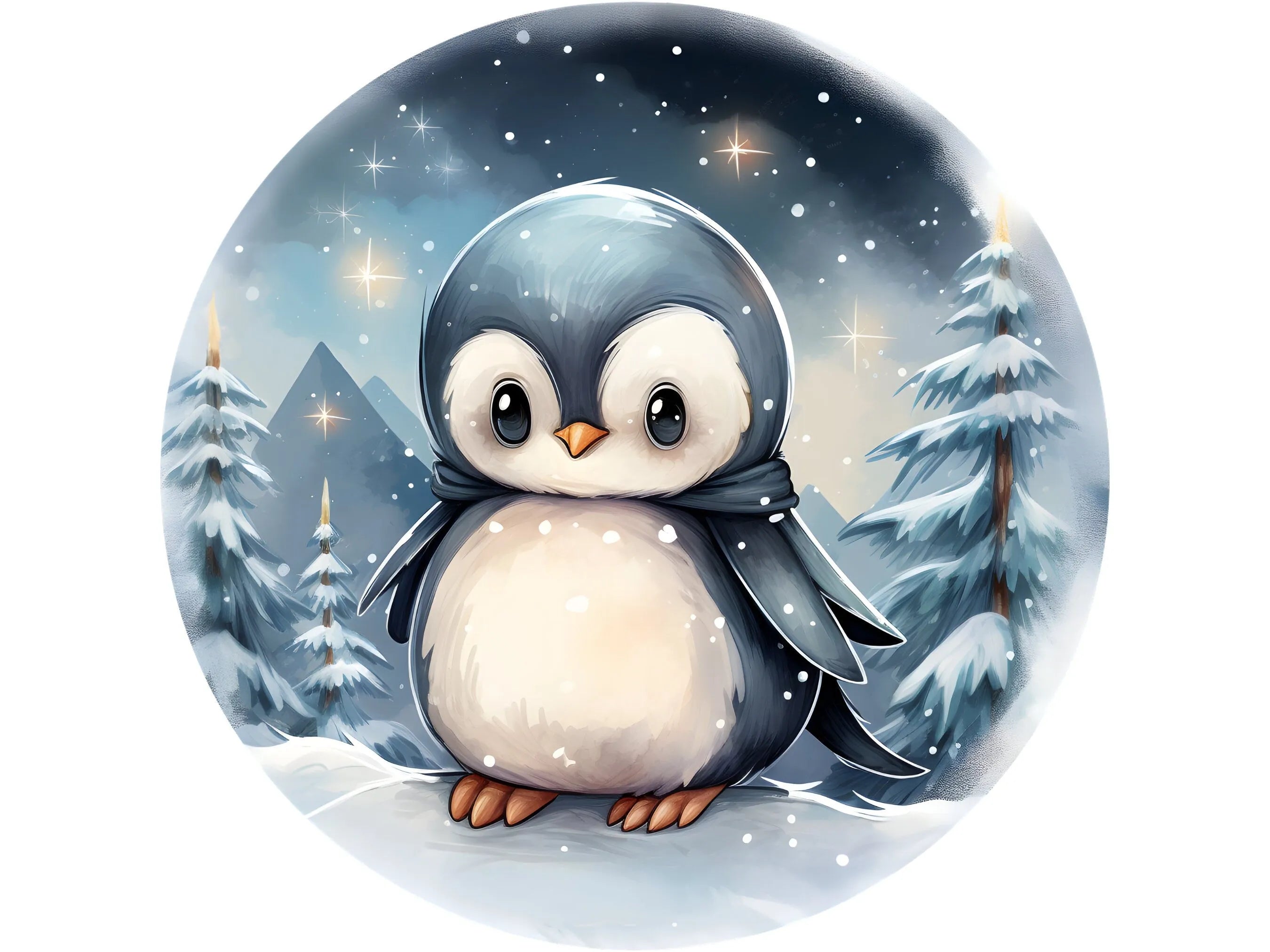 Pingüino de invierno en el bosque con corona de nieve, letrero para invierno, letrero para Navidad, letrero para diciembre