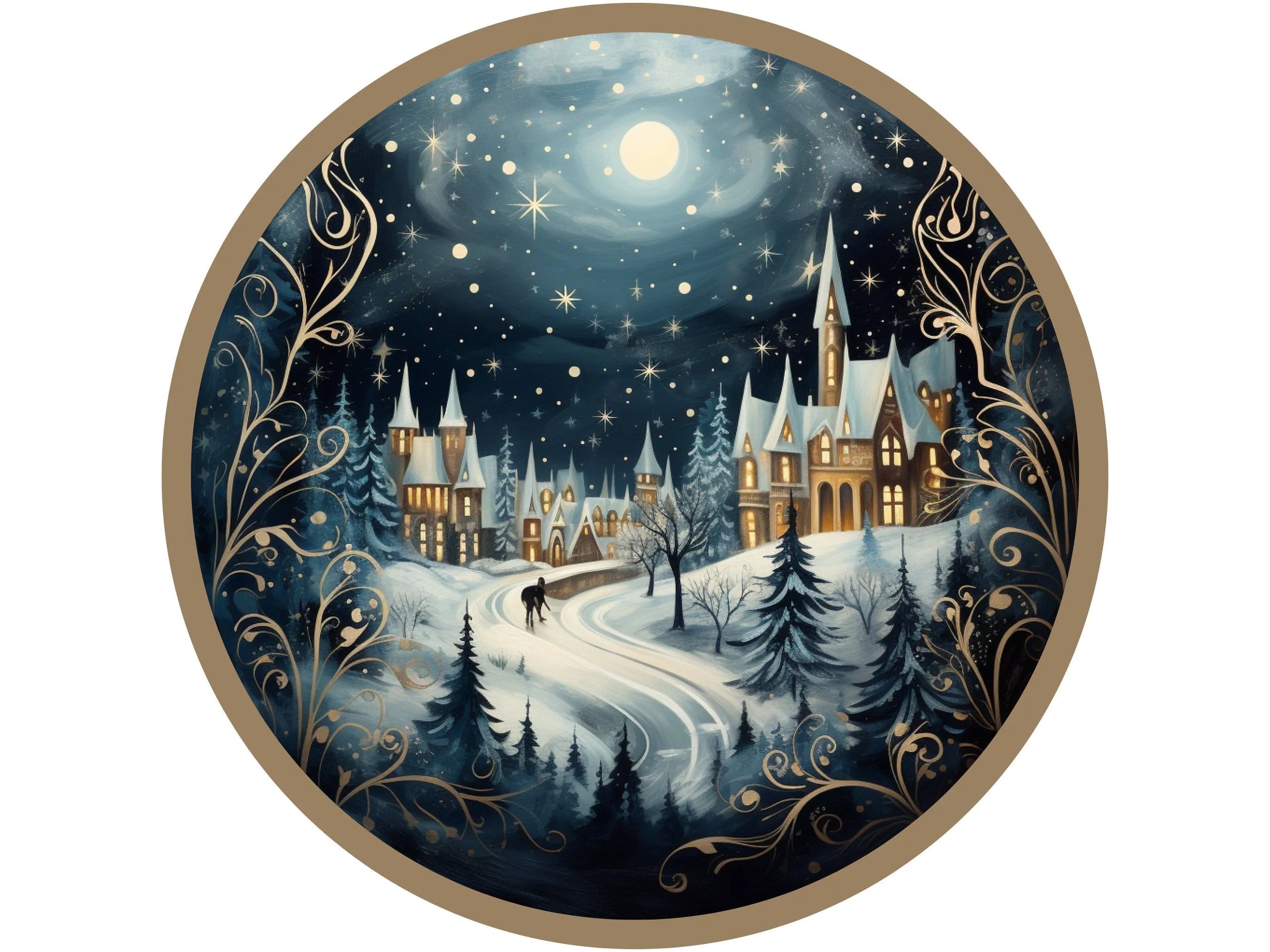 Pueblo de invierno en Navidad con nieve y luna brillante, signo de diciembre, signo de Navidad, signo de invierno