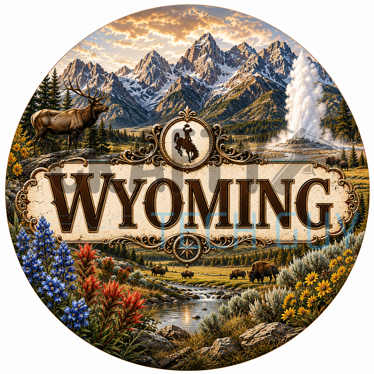 Wyoming round wreath sign in coated aluminum, showing the bucking horse emblem, an elk, bison, wildflowers, mountains and an erupting geyser