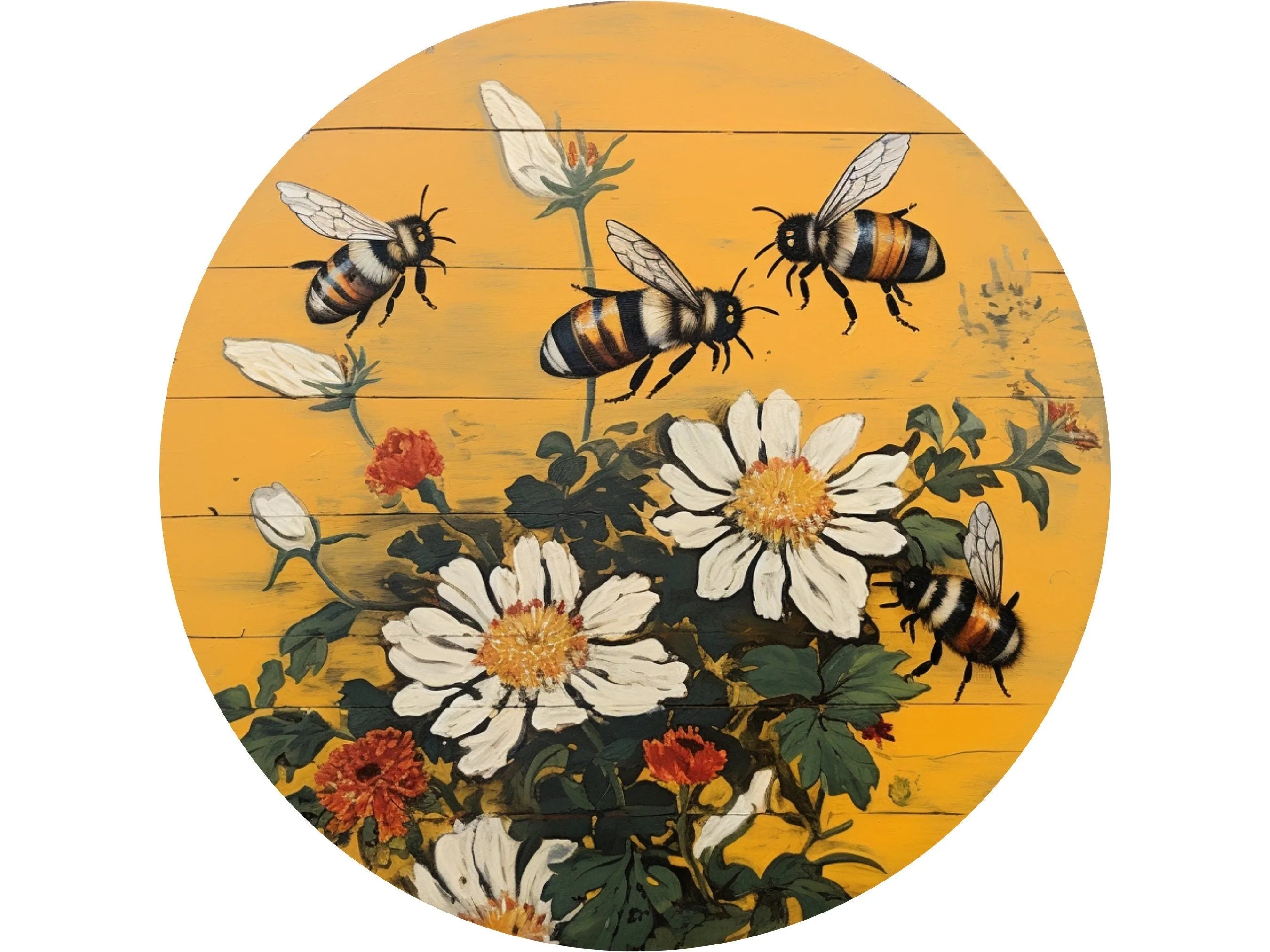 Cuadro rústico con traslape amarillo y letrero de corona de abejas, arte mural con abejas y margaritas, arte mural realista con abejas, picnic de abejas