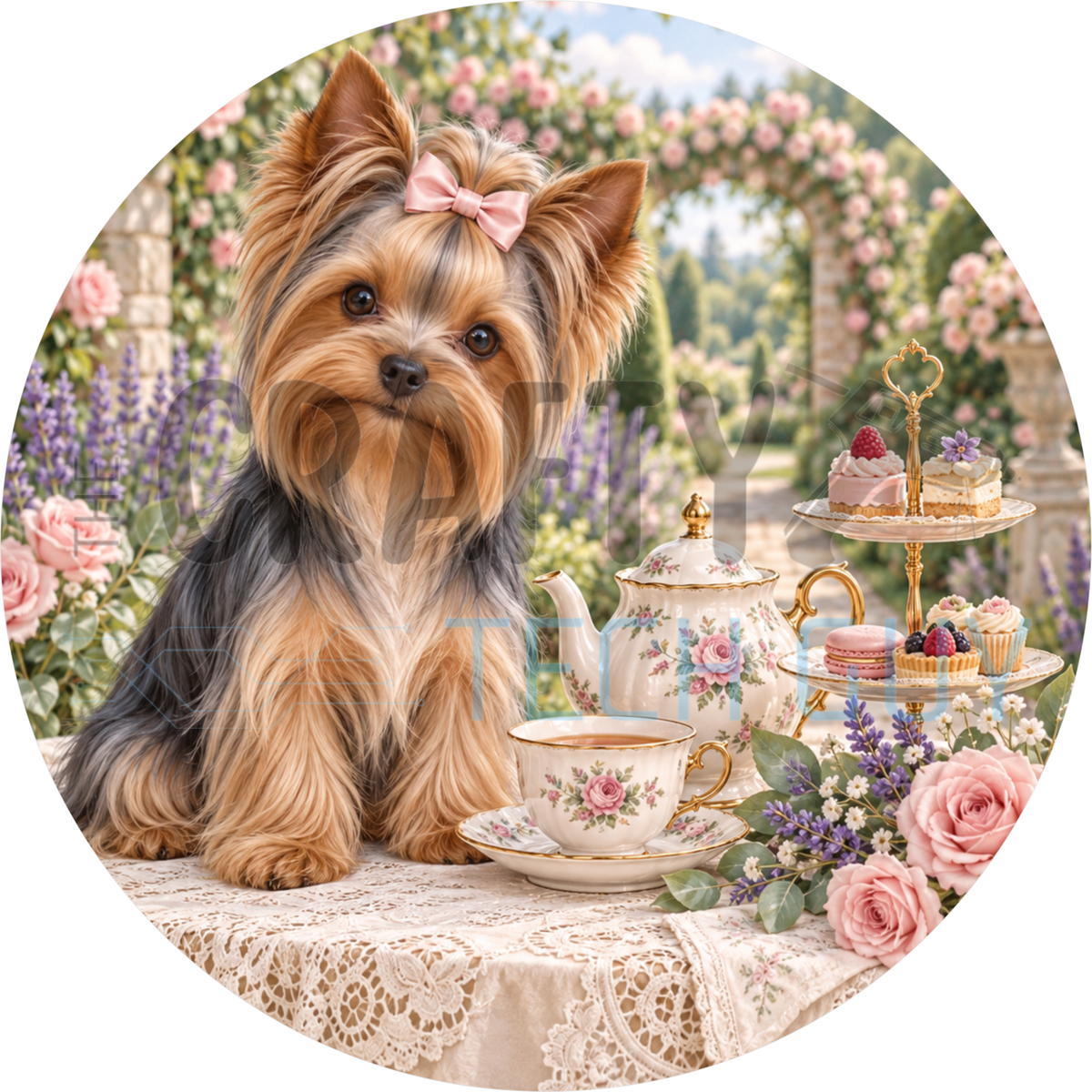 Yorkshire terrier round wreath sign with a pink bow at a garden tea party with a rose teapot, tiered cake stand and pink roses