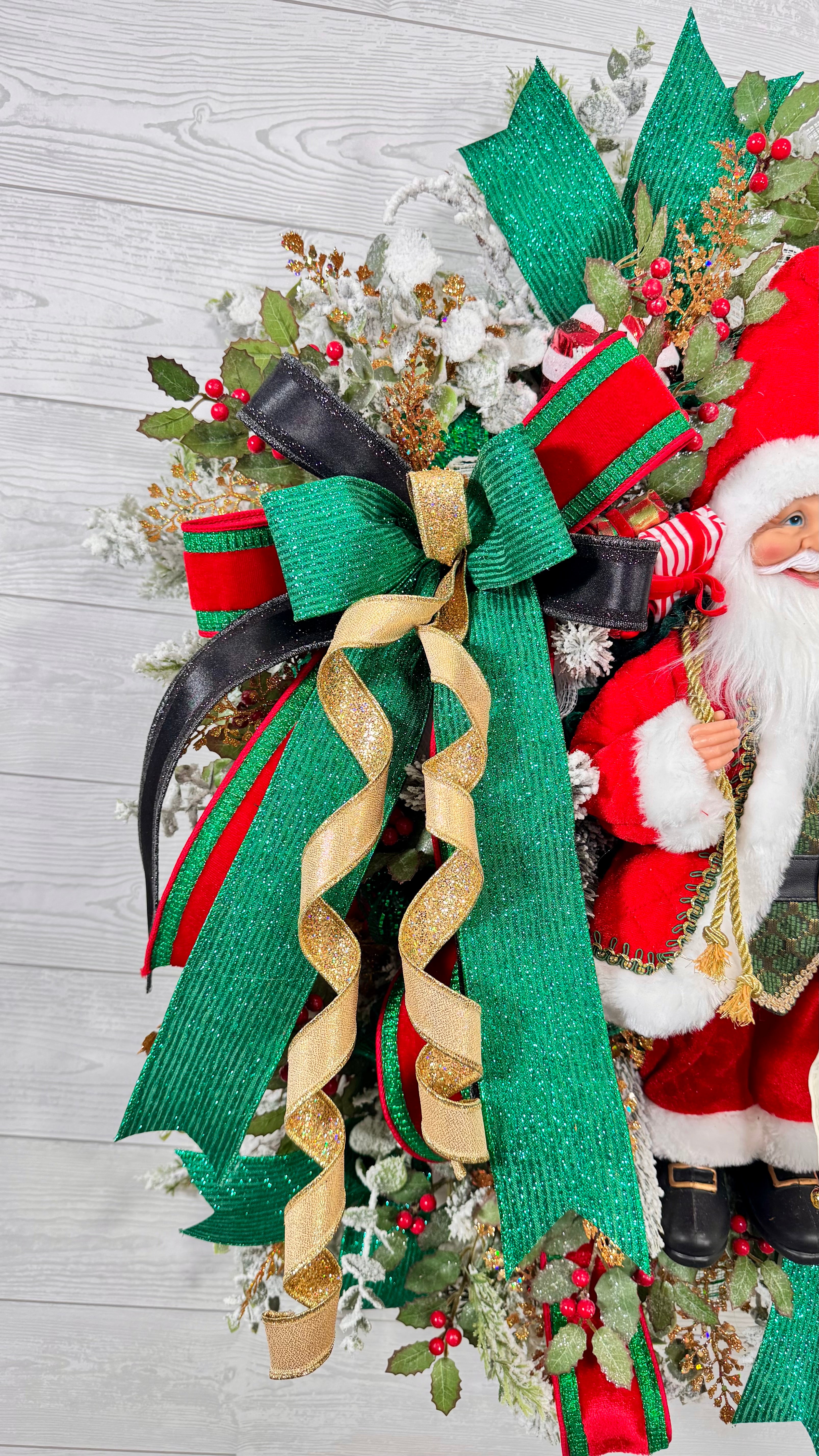 Santa Christmas Wreath, Festive Holiday Wreath with Santa Figure, Green and Gold Ribbon, Red Berries & Peppermint Accents