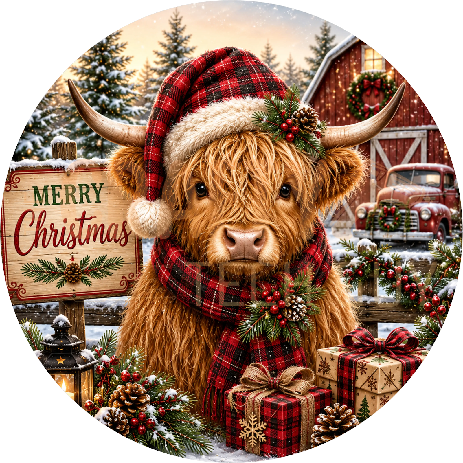 Highland Cow Christmas Wreath Sign – Plaid Santa Hat Farmhouse Design