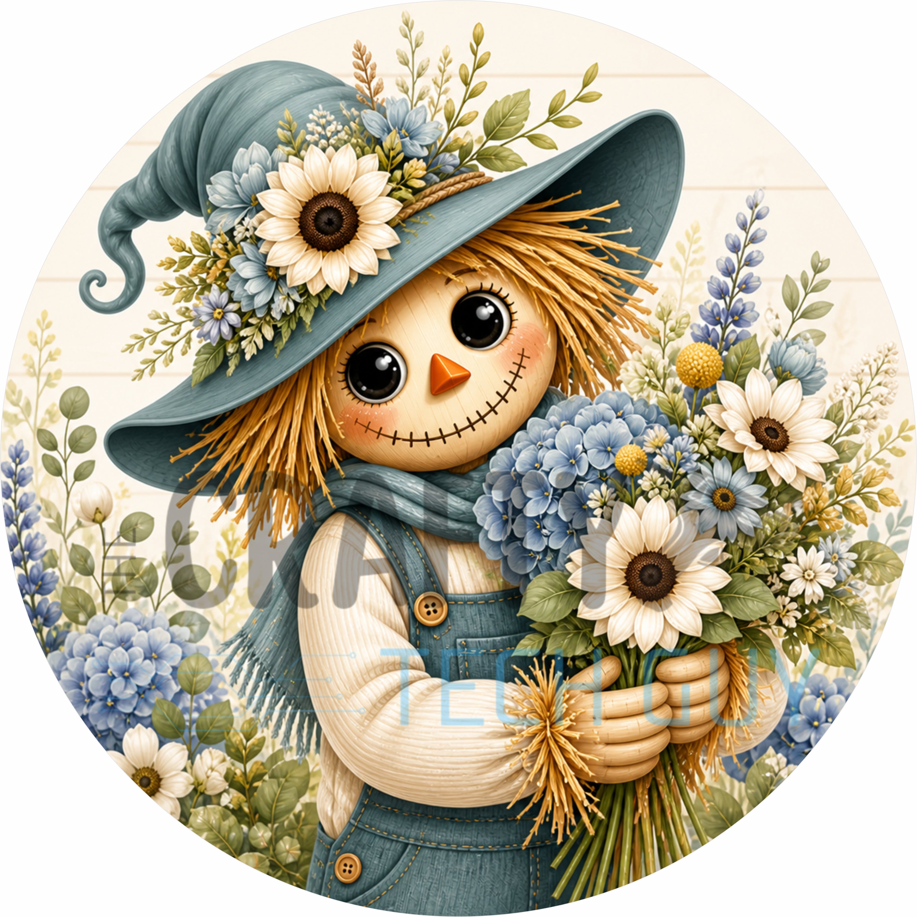Dusty Blue Hydrangea Scarecrow Fall Floral Round Wreath Sign