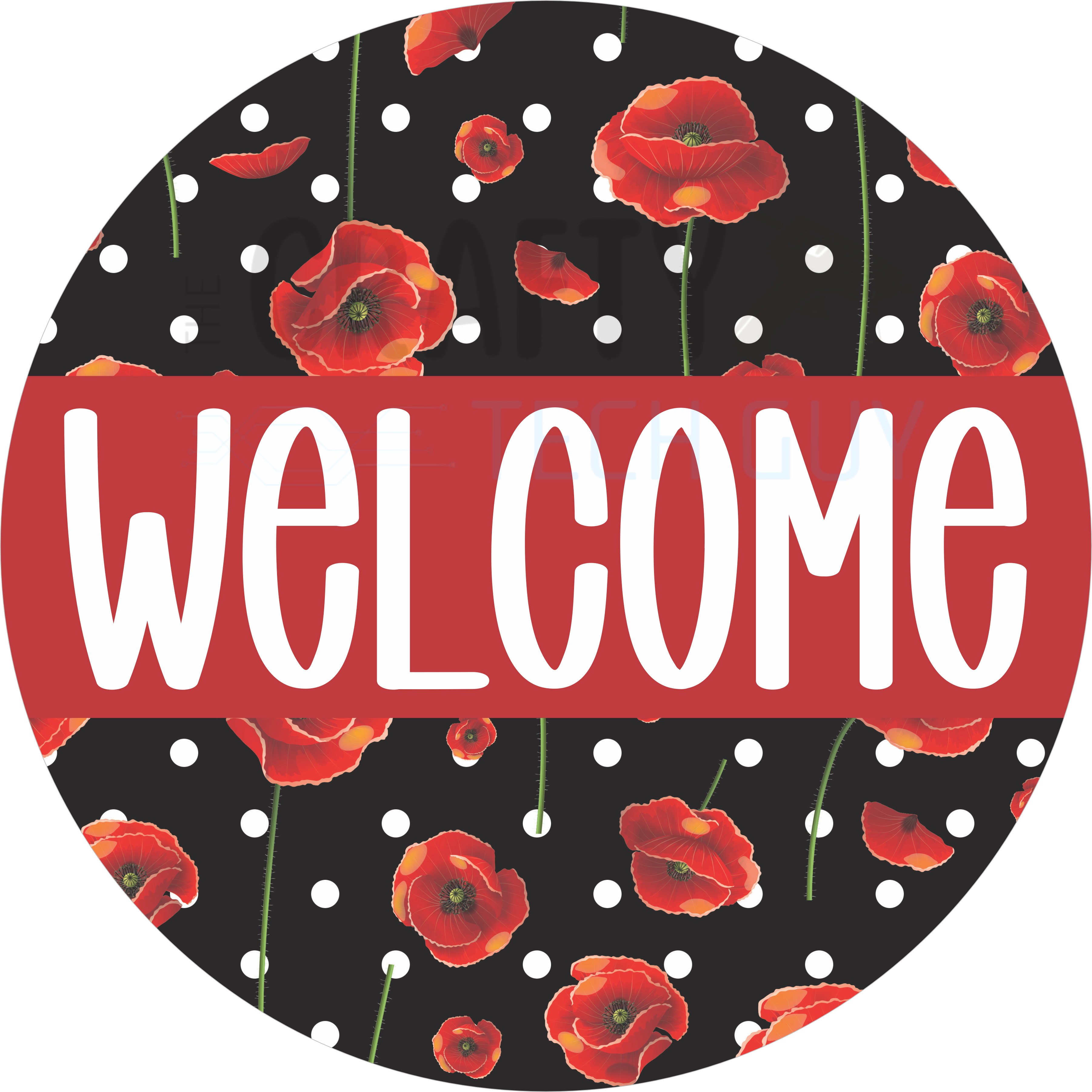 Welcome Red Poppy Black Polka Dot Round Wreath Sign