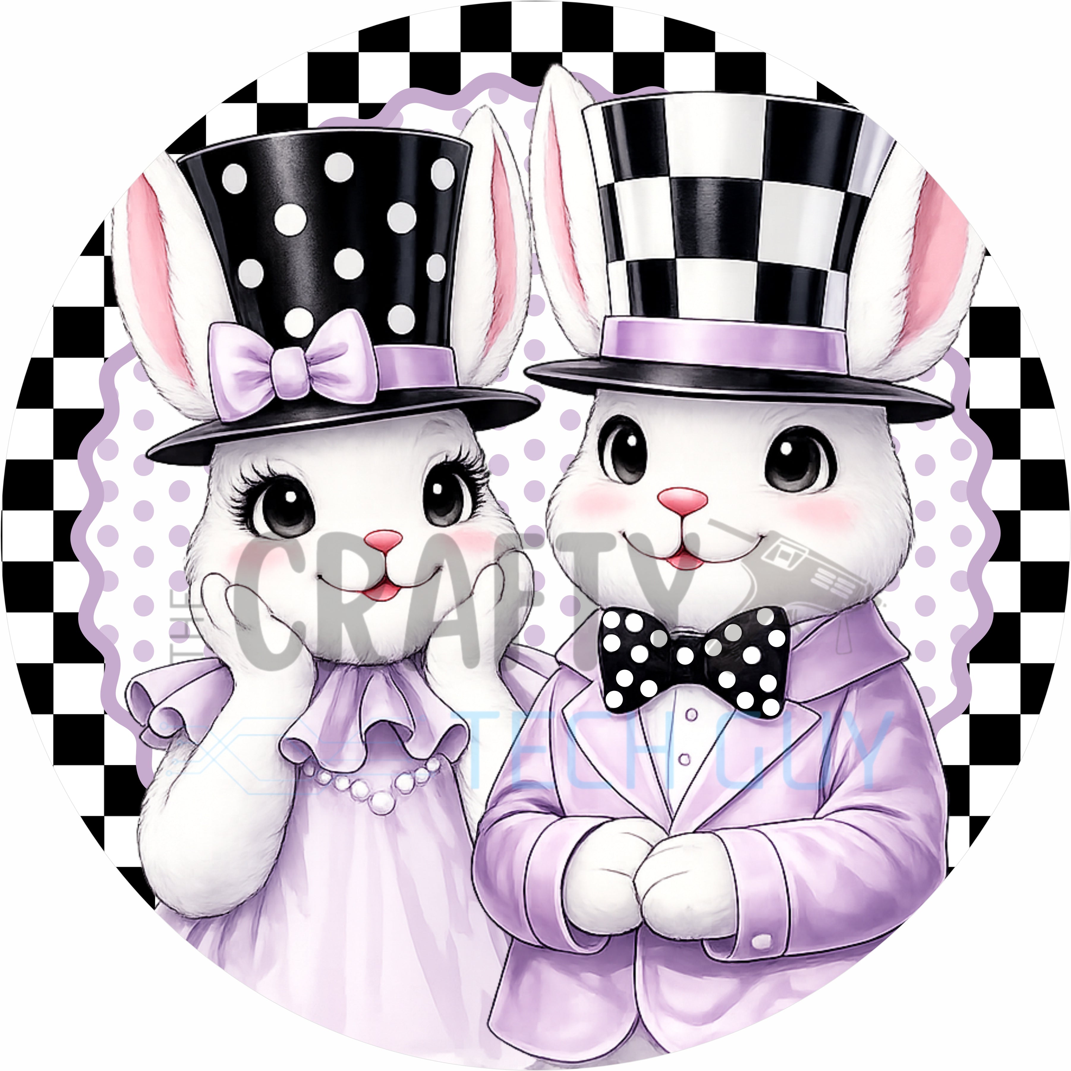 Purple Easter Bunny Couple Farmhouse Round Wreath Sign