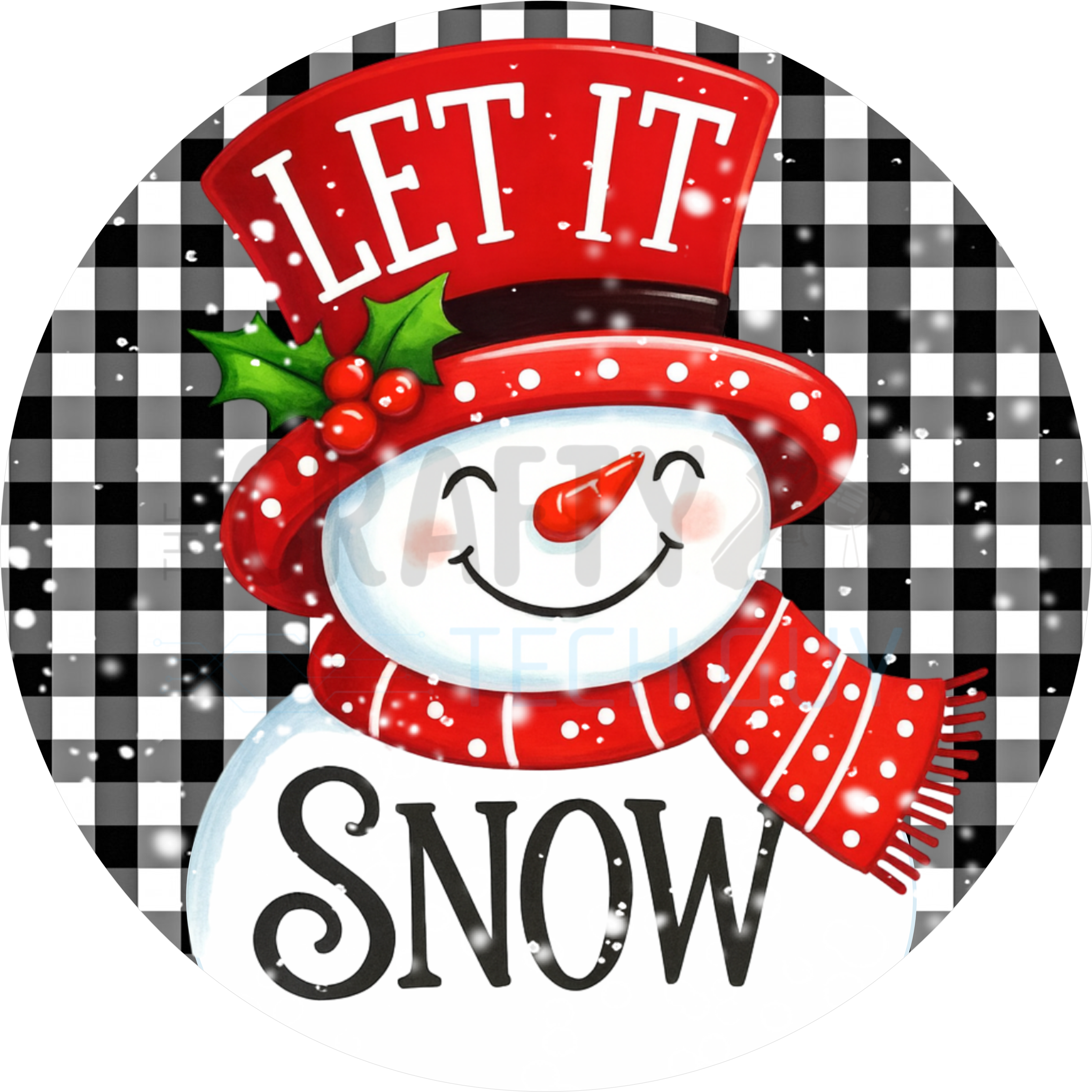 Let It Snow Snowman Design with Red Top Hat, Buffalo Plaid Background, and Holly Accents