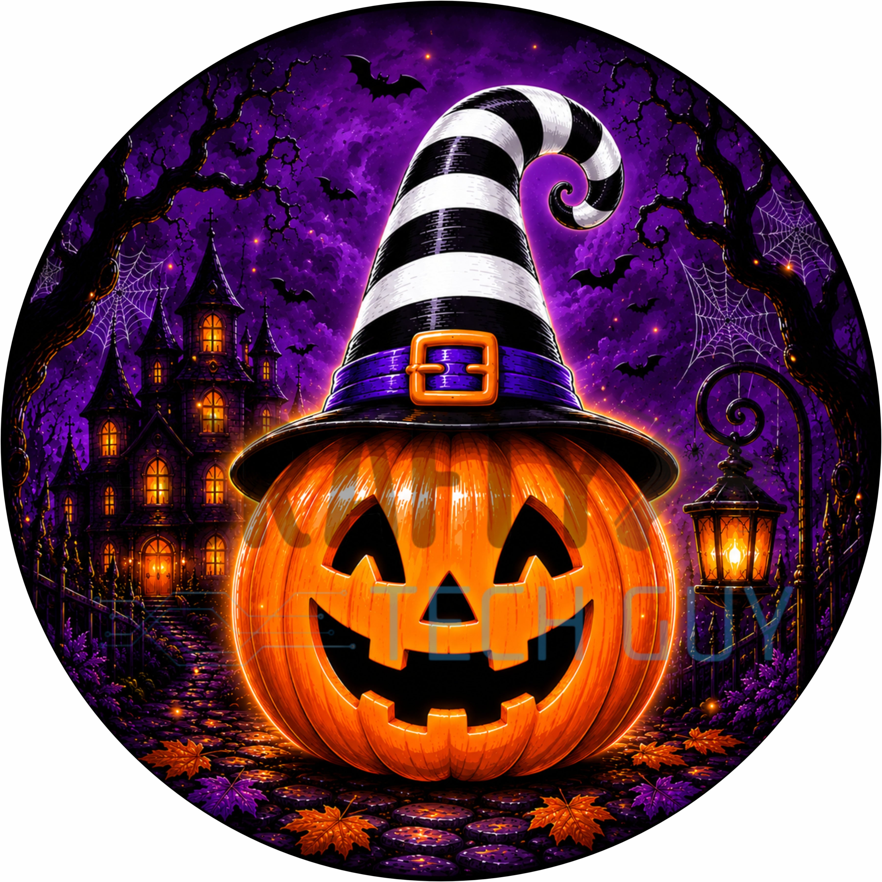 Striped Witch Hat Pumpkin Halloween Round Wreath Sign