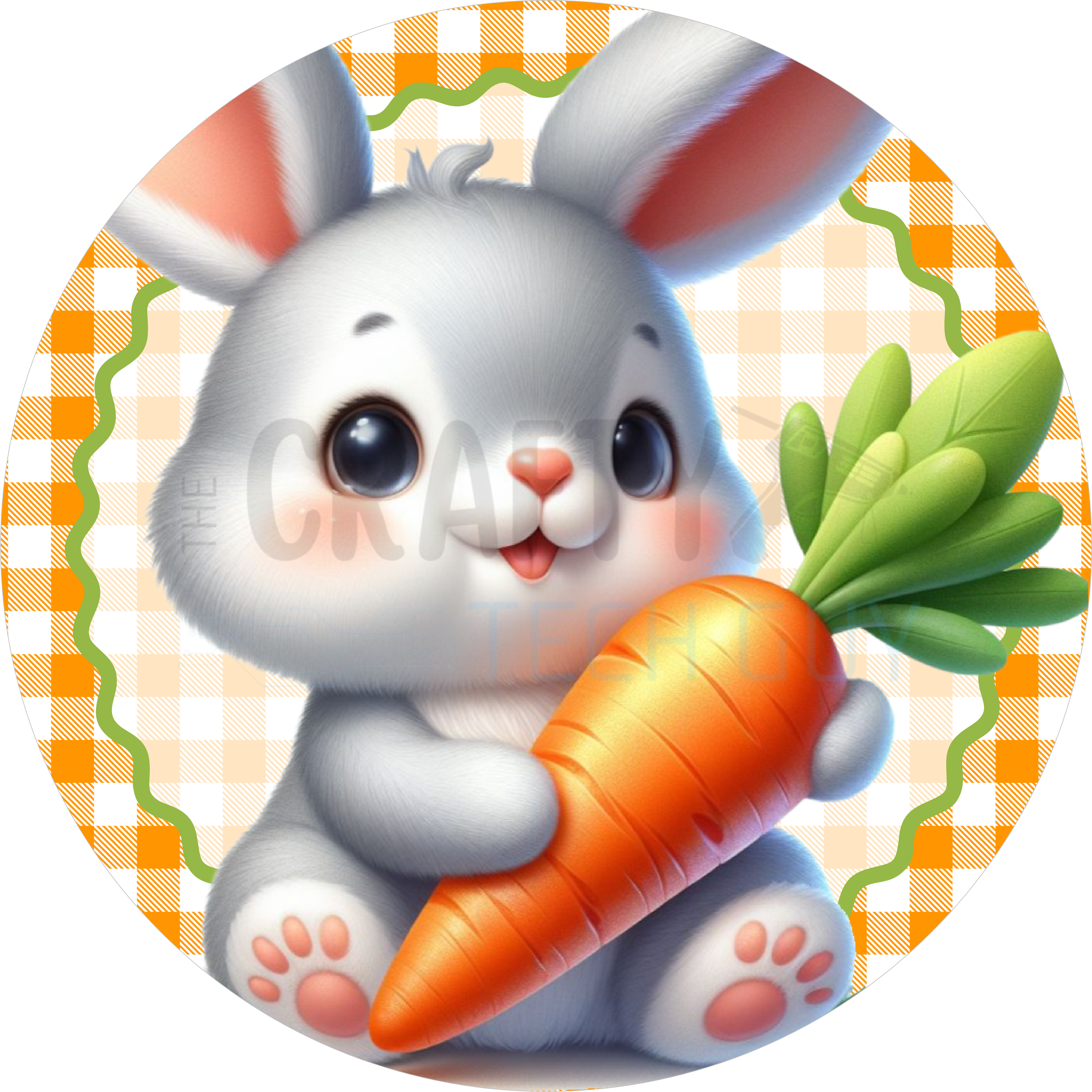 Cute Easter Bunny with Carrot Orange Gingham Round Wreath Sign