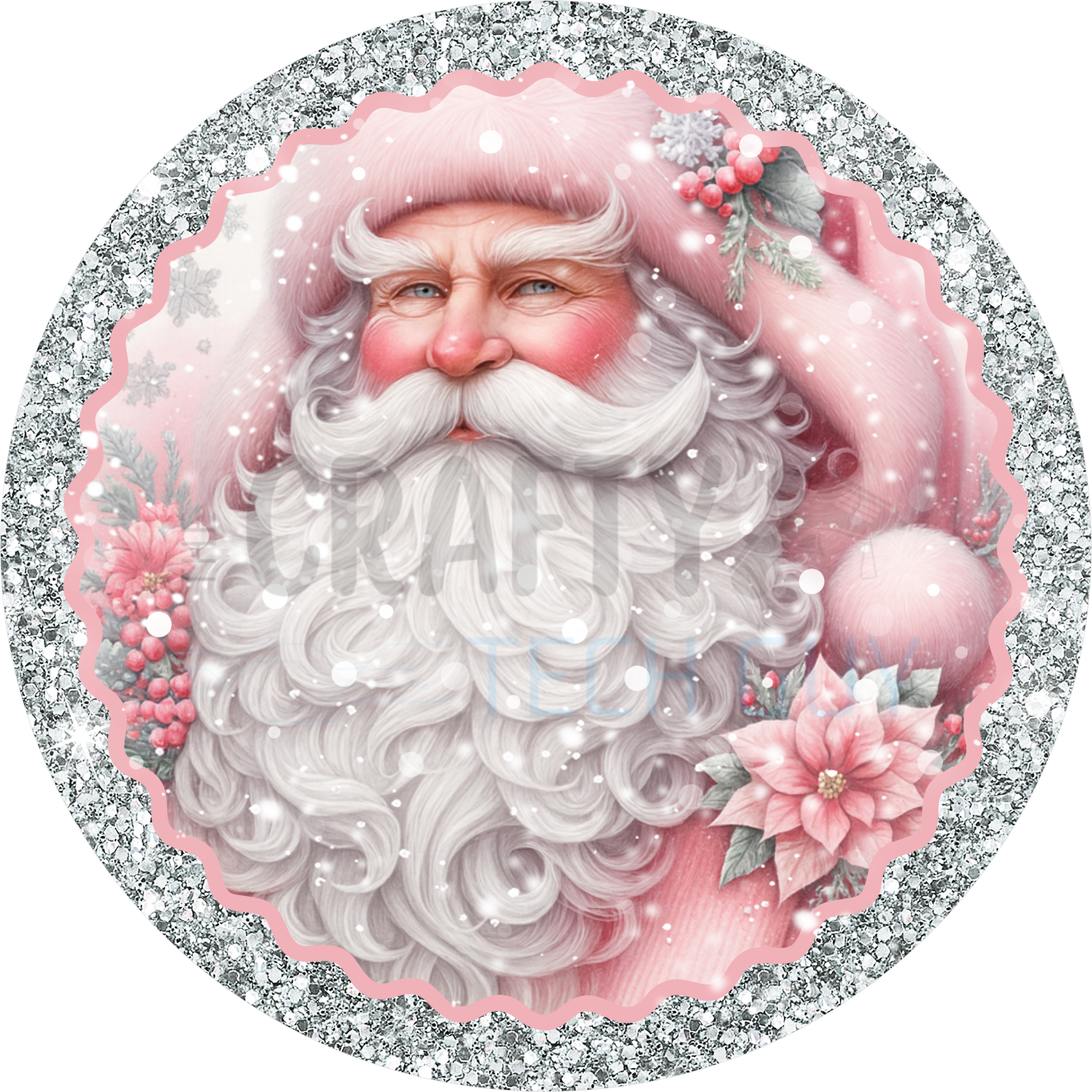 Pink Santa Claus Christmas Design | Elegant Pastel Holiday Art with Silver Glitter Border and Poinsettia Accents for Winter Décor