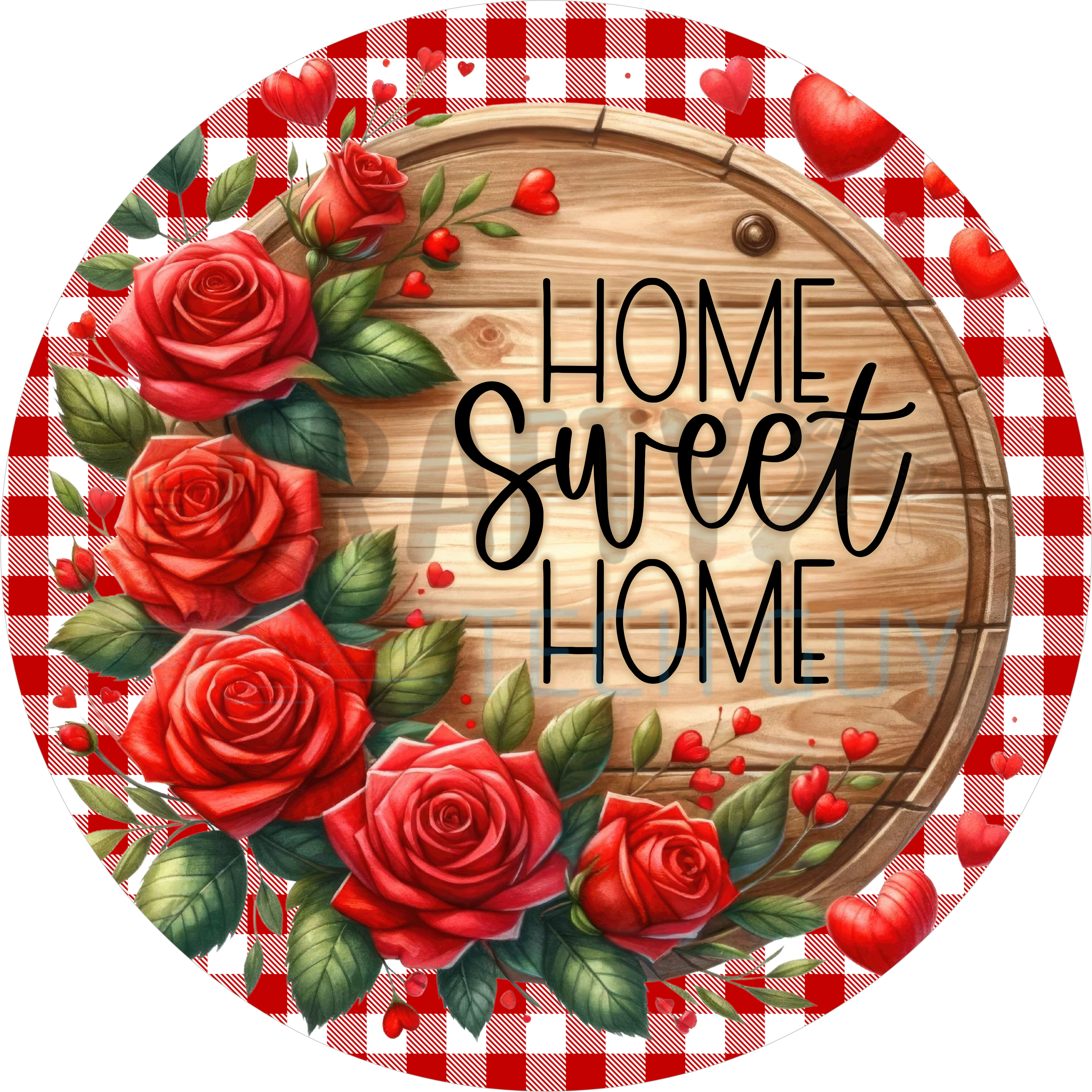 Home Sweet Home Round Sign – Red Rose & Buffalo Plaid Farmhouse Sign