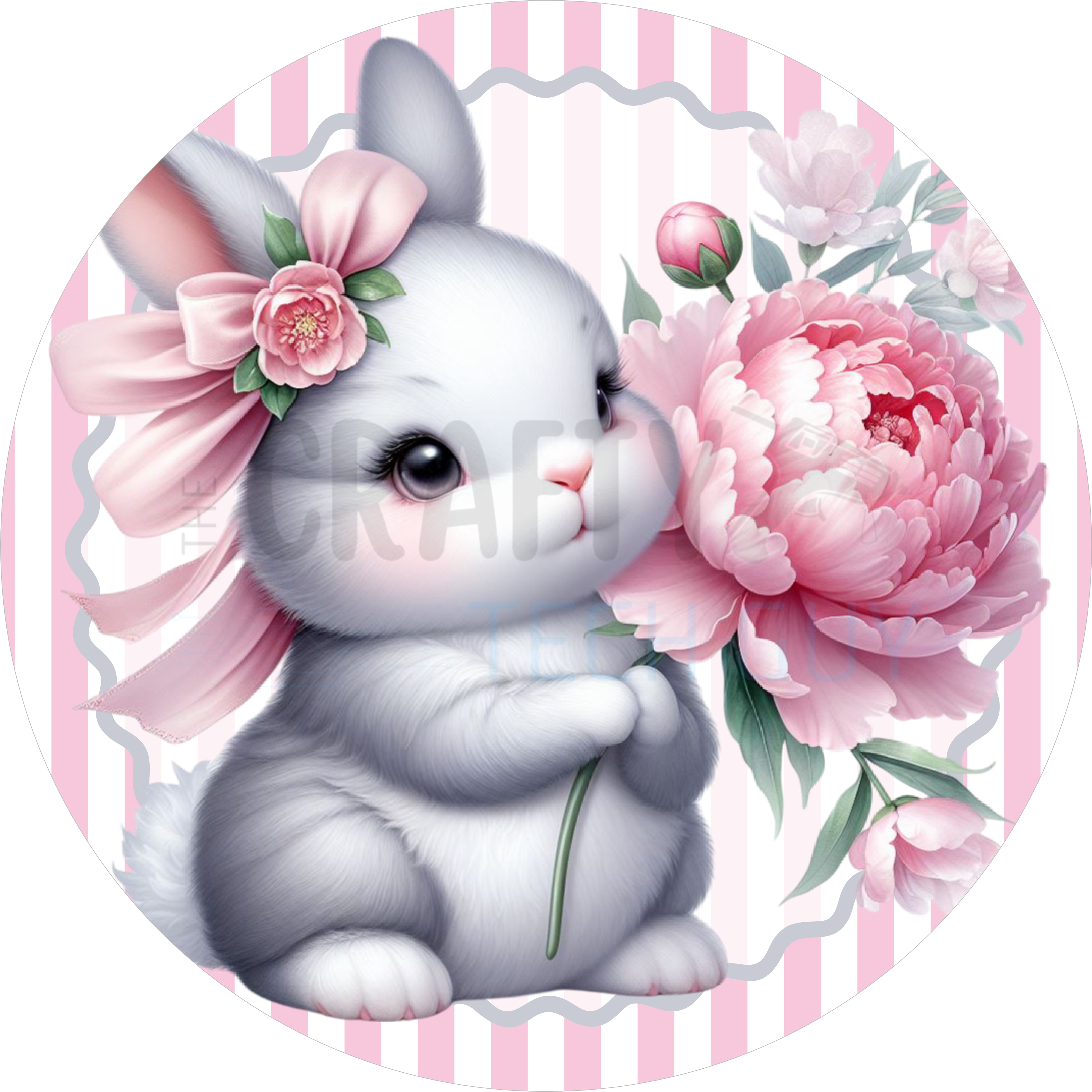 Elegant Easter Bunny with Pink Peony Floral Round Wreath Sign