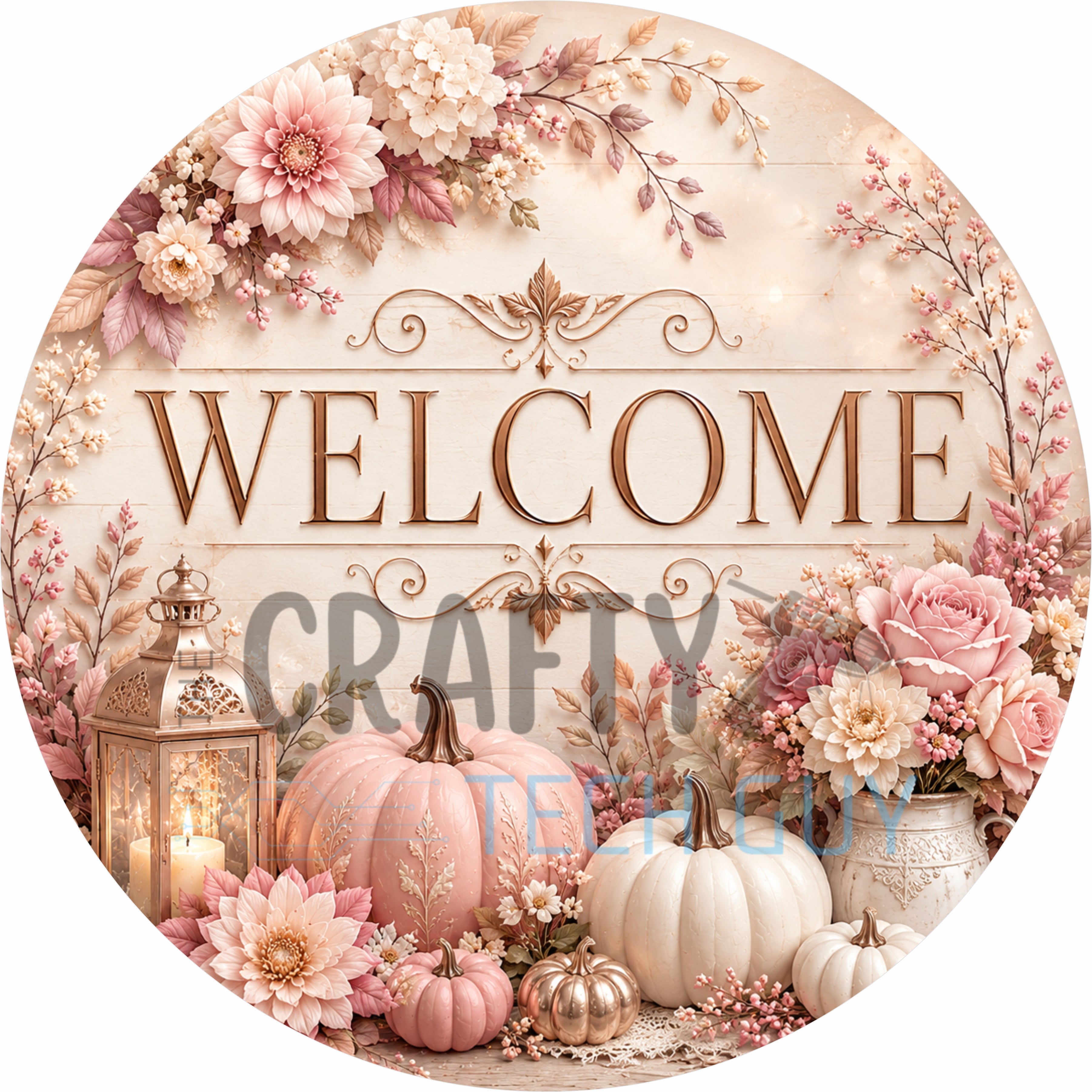 Blush Pink Welcome Fall Floral Round Wreath Sign