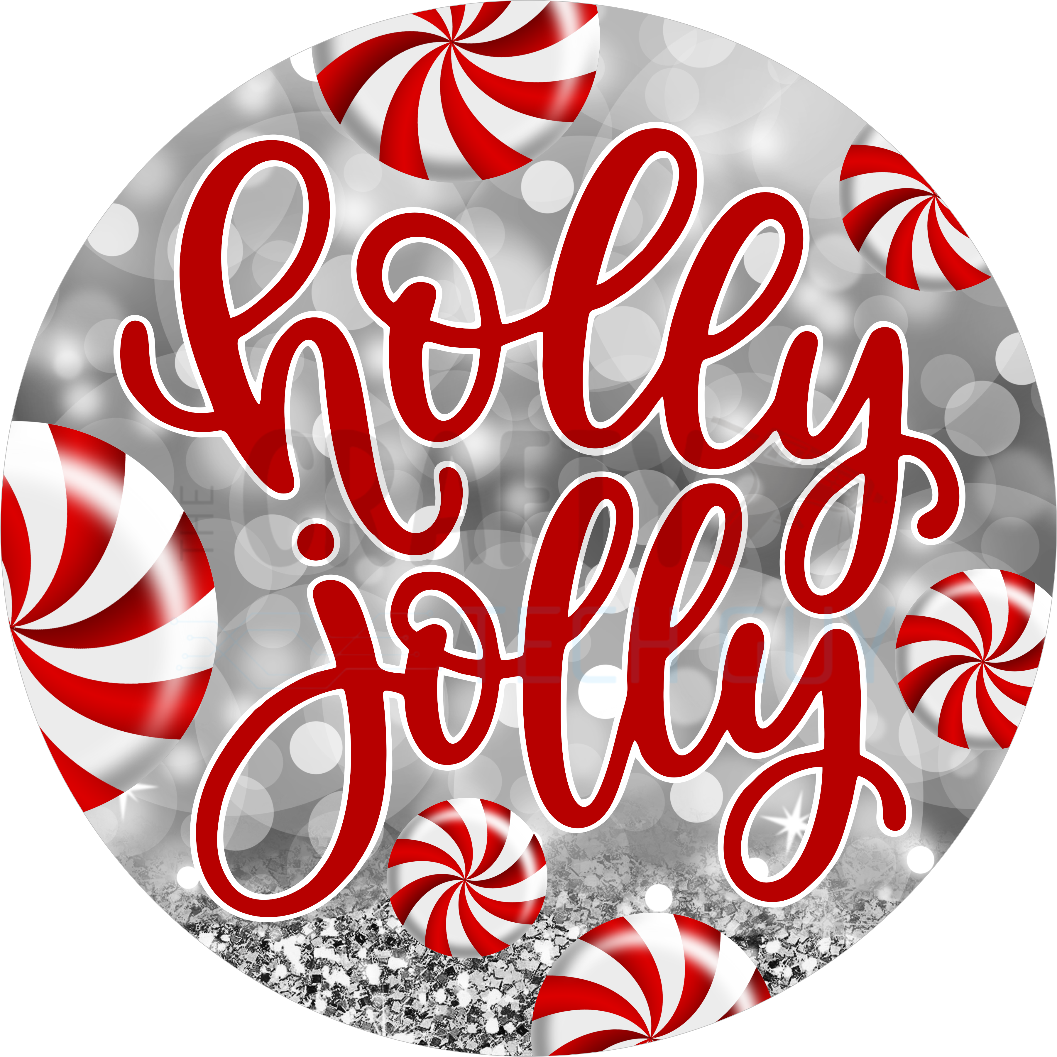 Holly Jolly Christmas Design | Red and White Peppermint Candy on Silver Glitter Background | Fun Festive Décor for Holiday Cheer