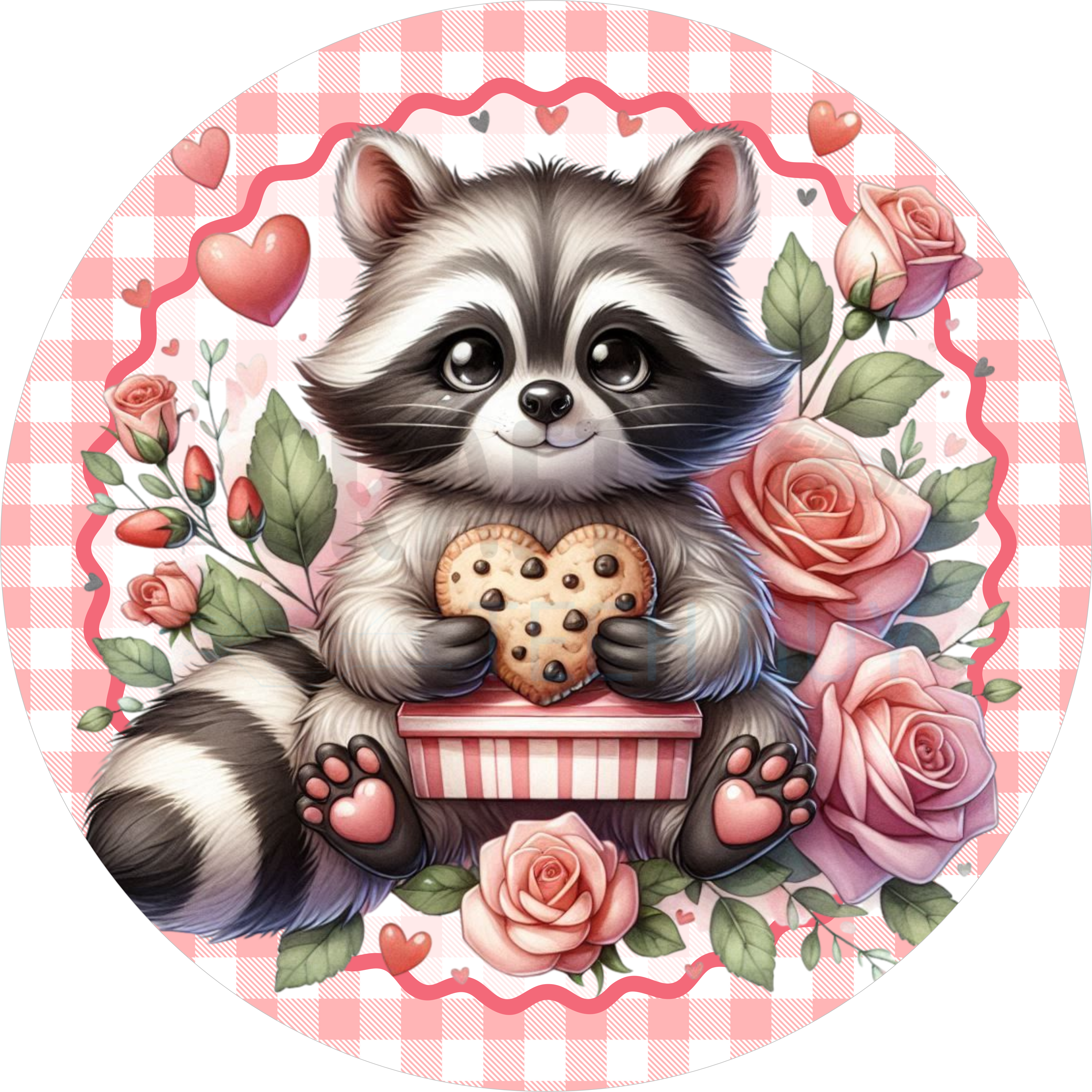 Valentine Raccoon Round Sign – Heart Cookie Design