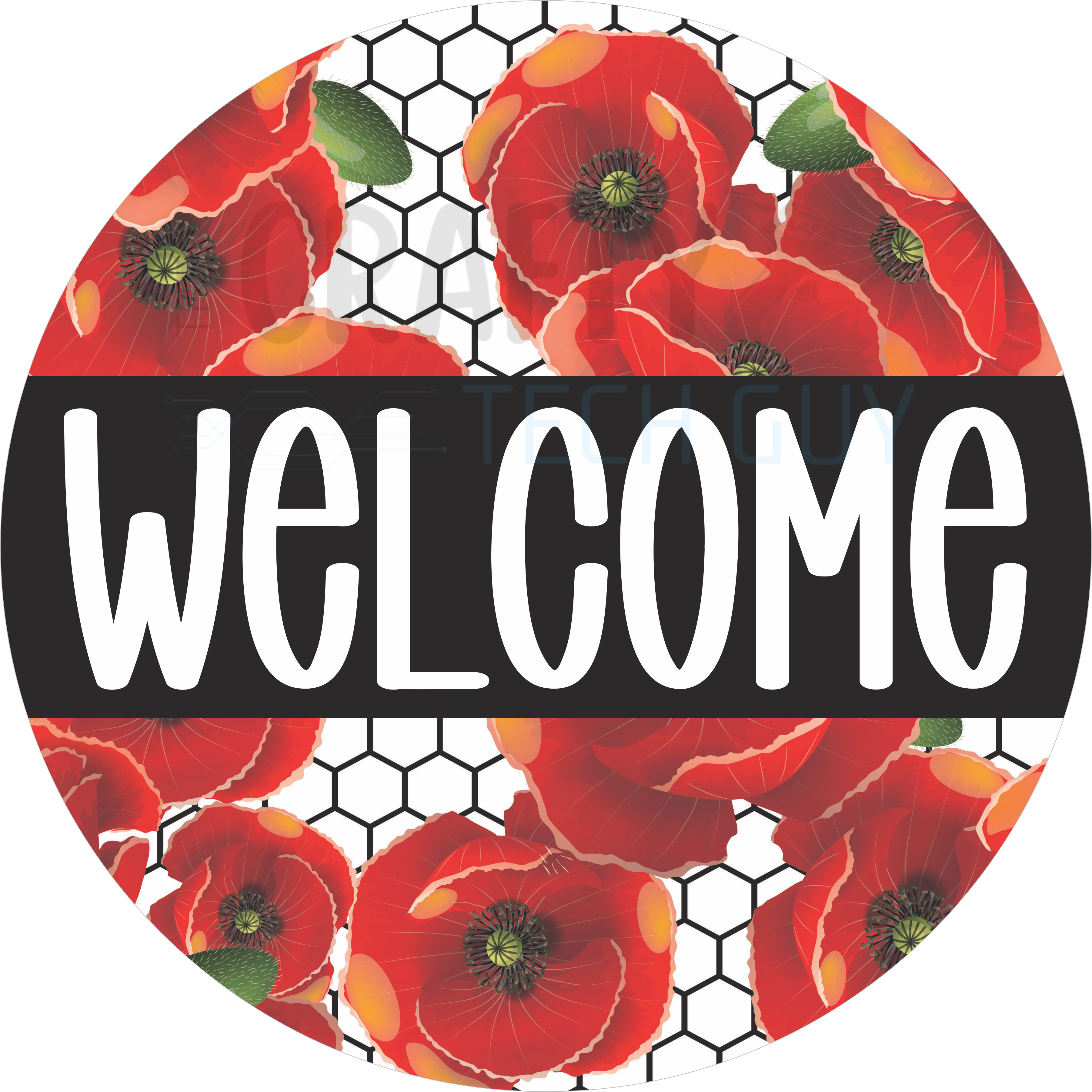 Welcome Red Poppy Honeycomb Round Wreath Sign