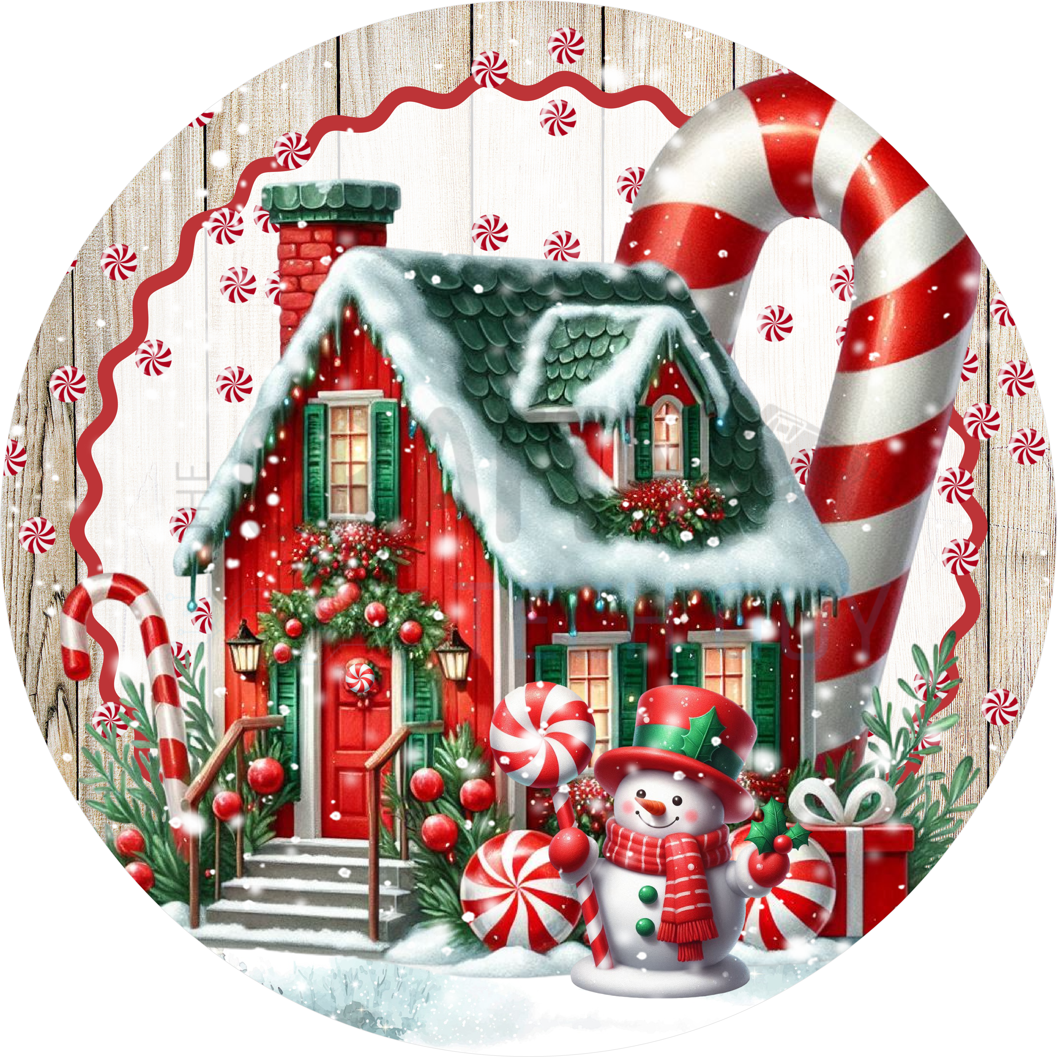 Peppermint Candy Christmas House Design | Snowman and Candy Cane Holiday Art | Red and White Winter Wonderland Décor