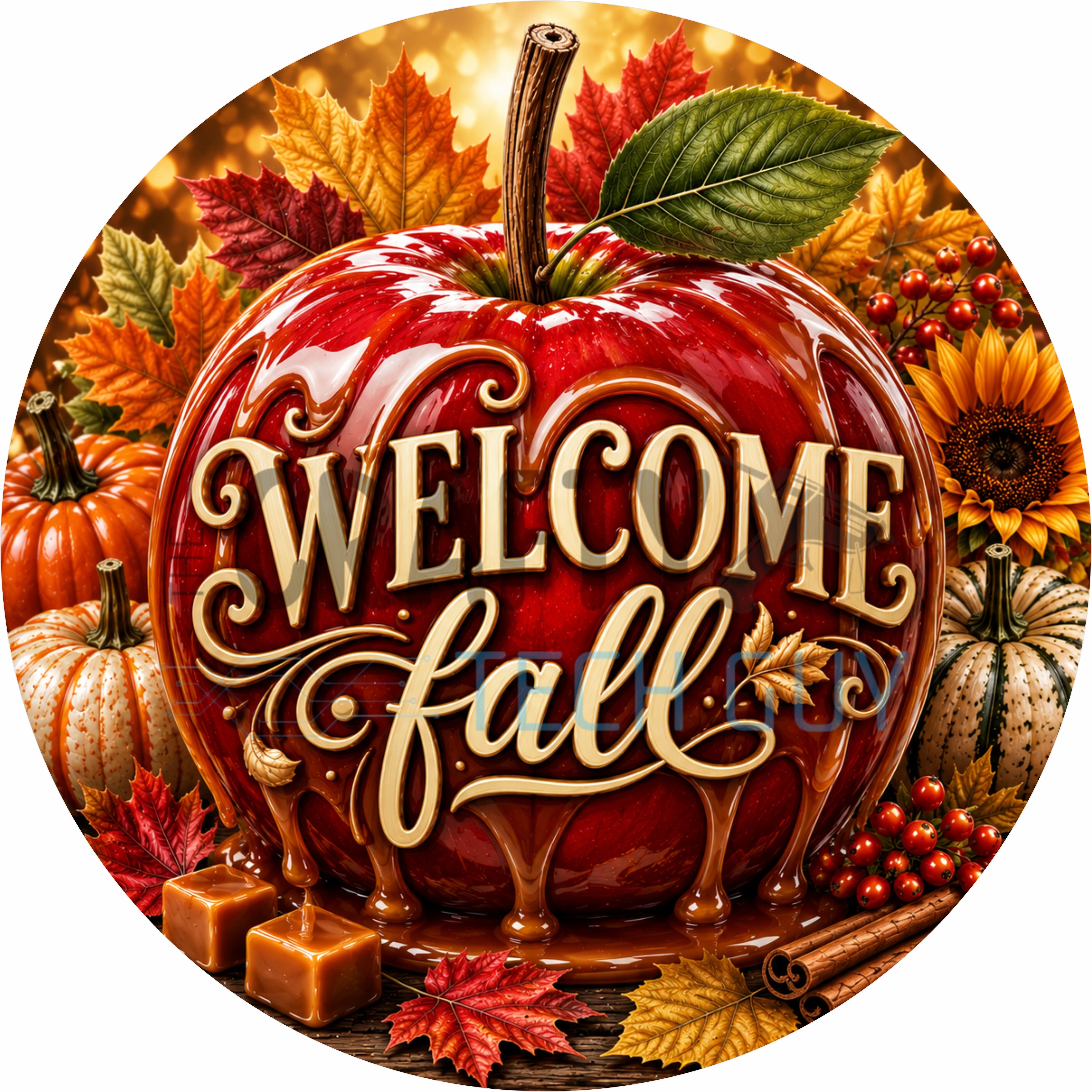 Caramel Apple Welcome Fall Round Wreath Sign