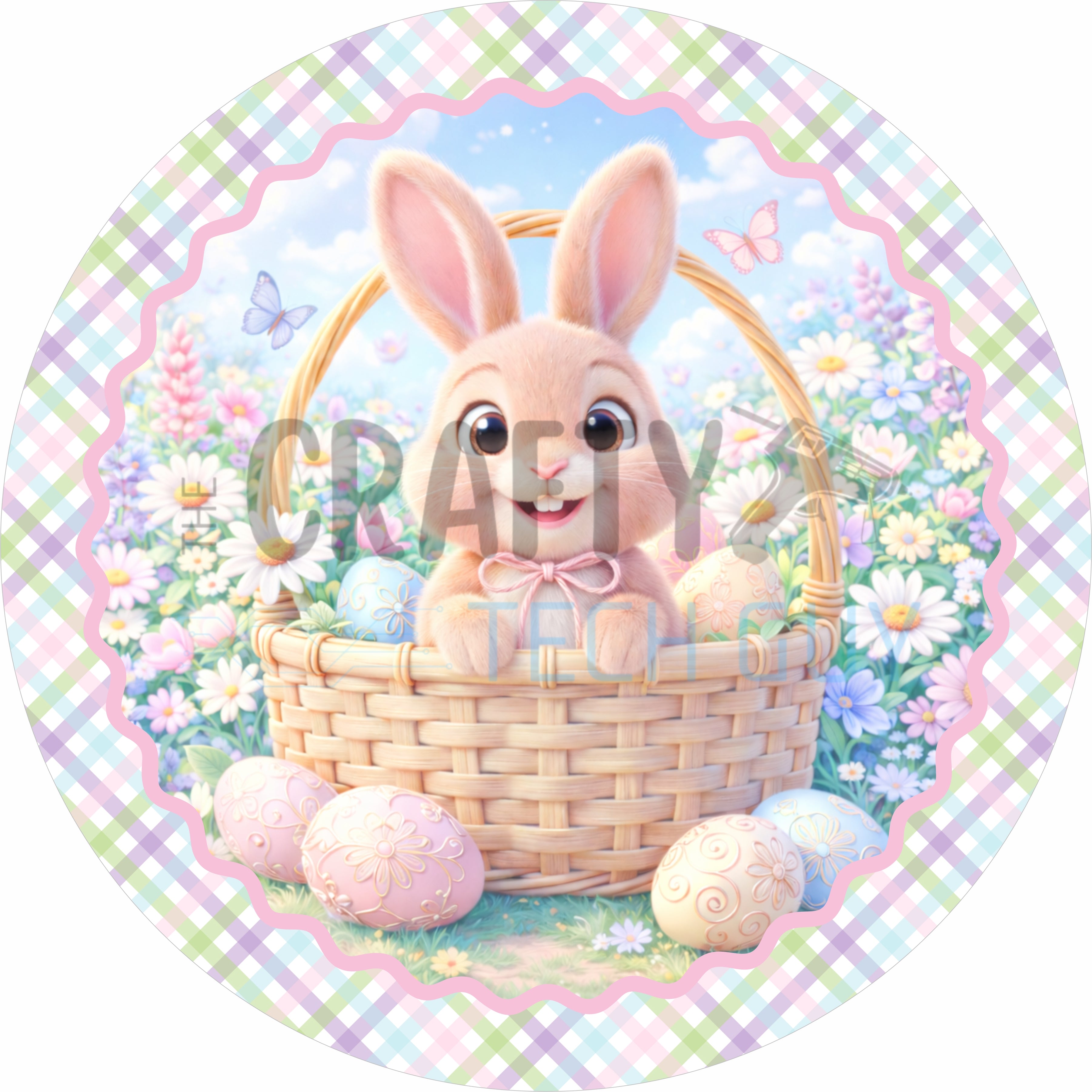Pastel Easter Bunny Basket Spring Round Wreath Sign