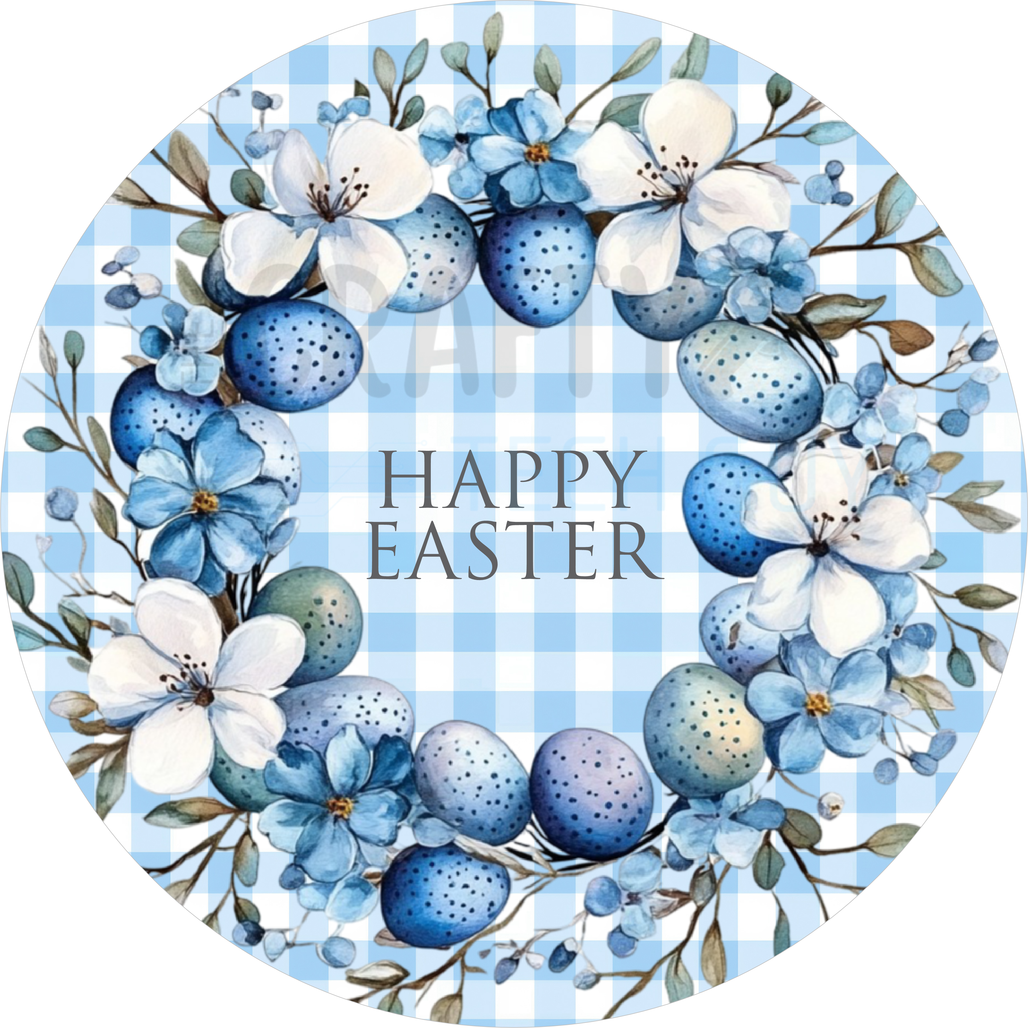 Happy Easter Blue Floral Egg Wreath Round Sign