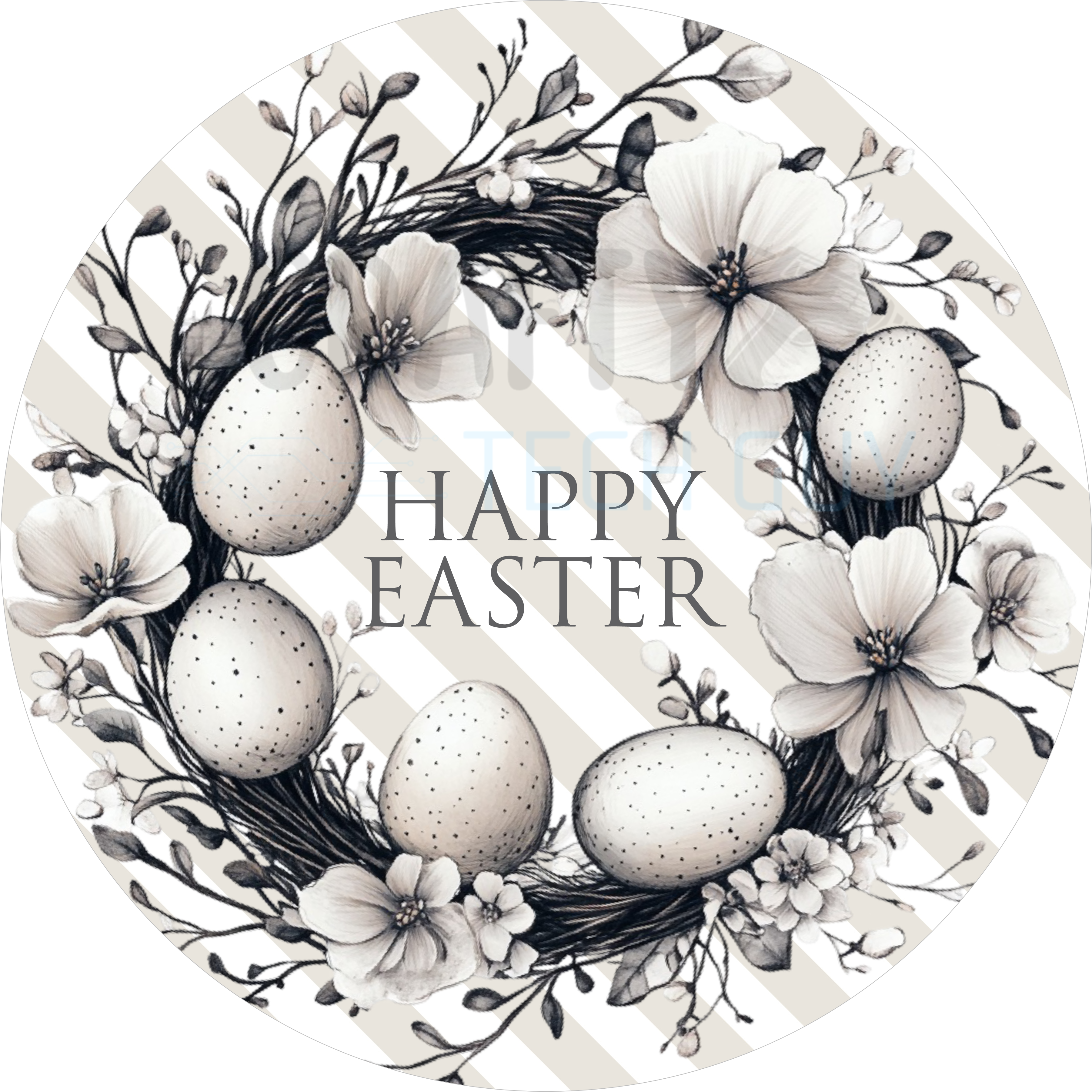 Happy Easter Neutral Floral Egg Wreath Round Sign