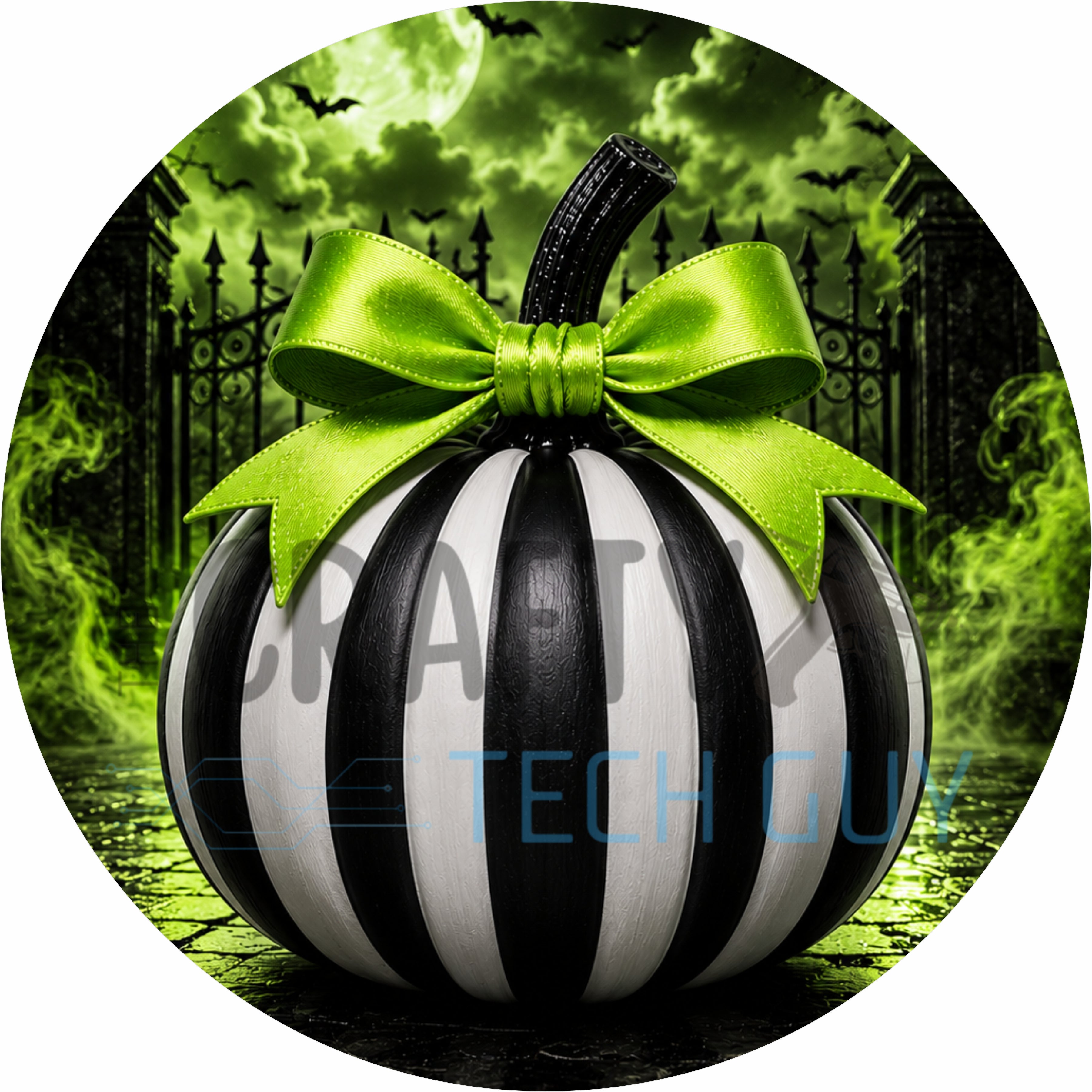 Black and White Striped Pumpkin Halloween Round Wreath Sign