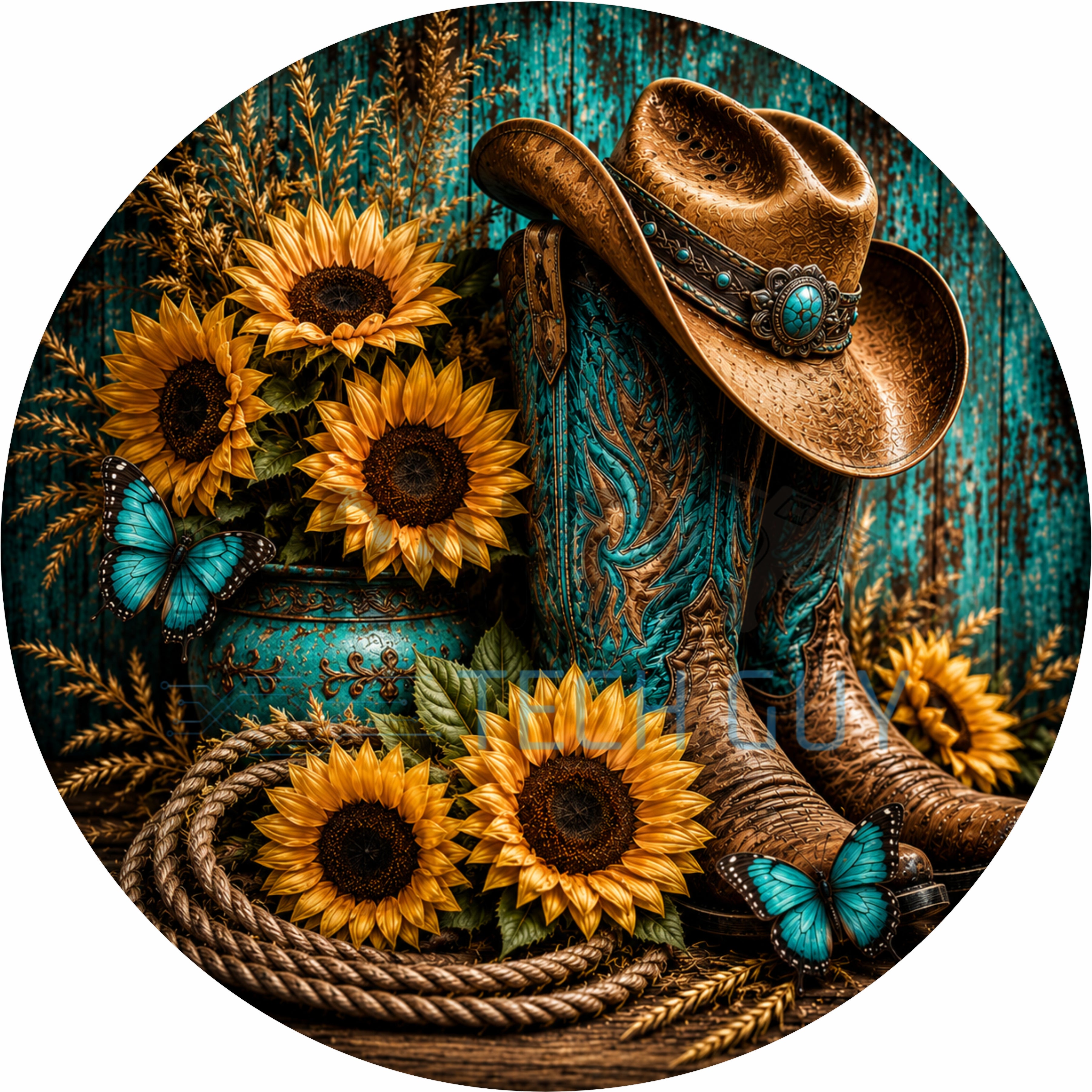 Teal Western Boots & Sunflowers Round Wreath Sign