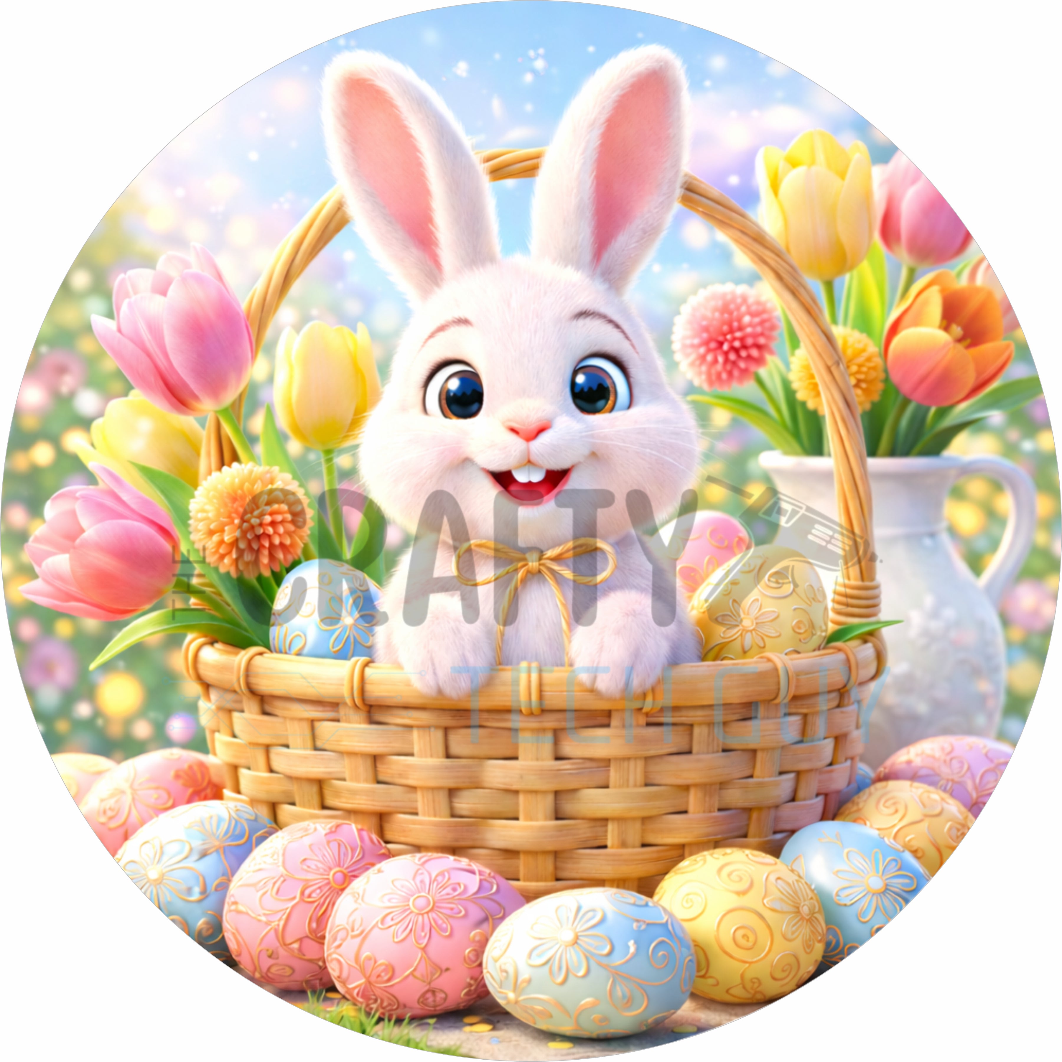 Cute Easter Bunny Basket Spring Round Wreath Sign