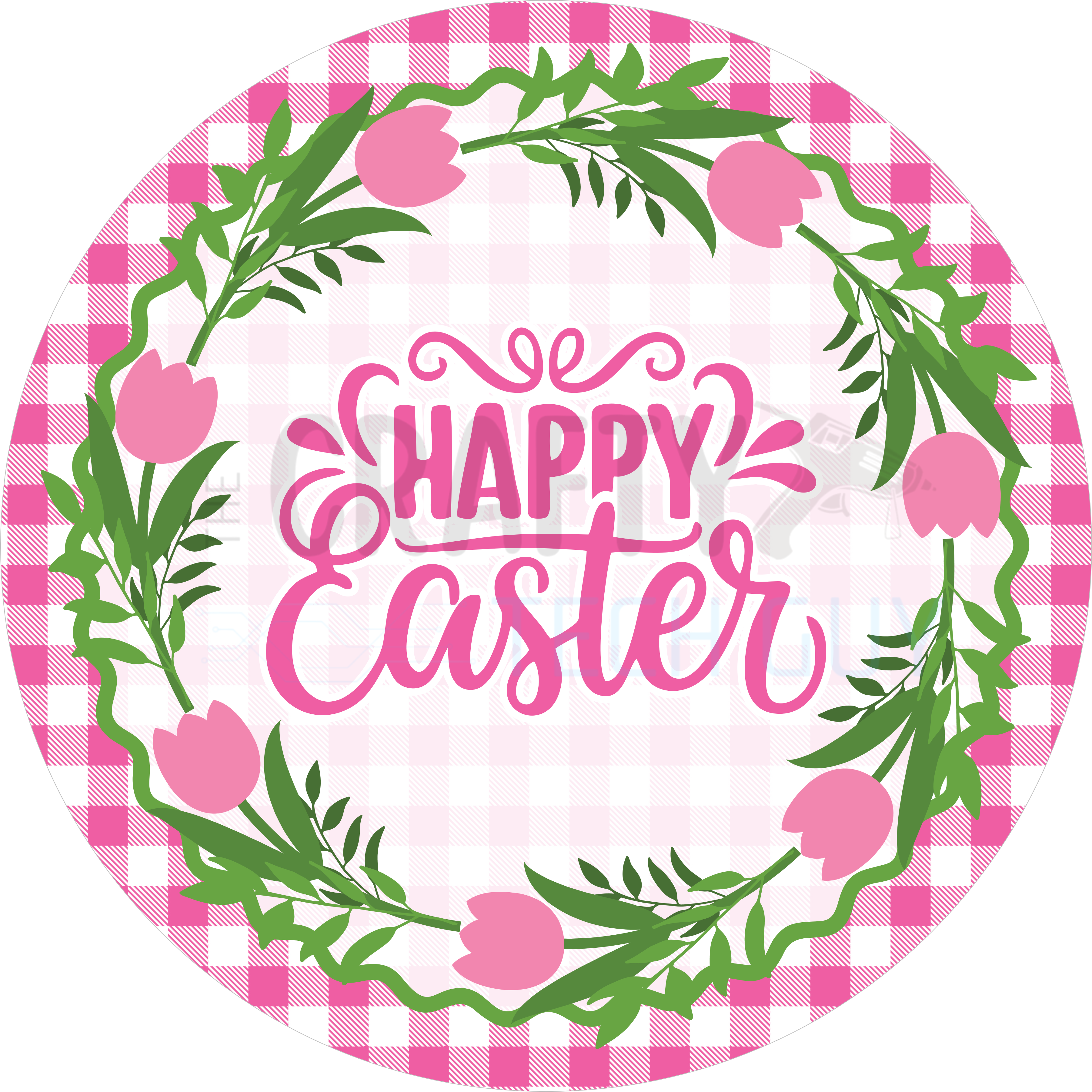 Happy Easter Pink Tulip Wreath Round Sign