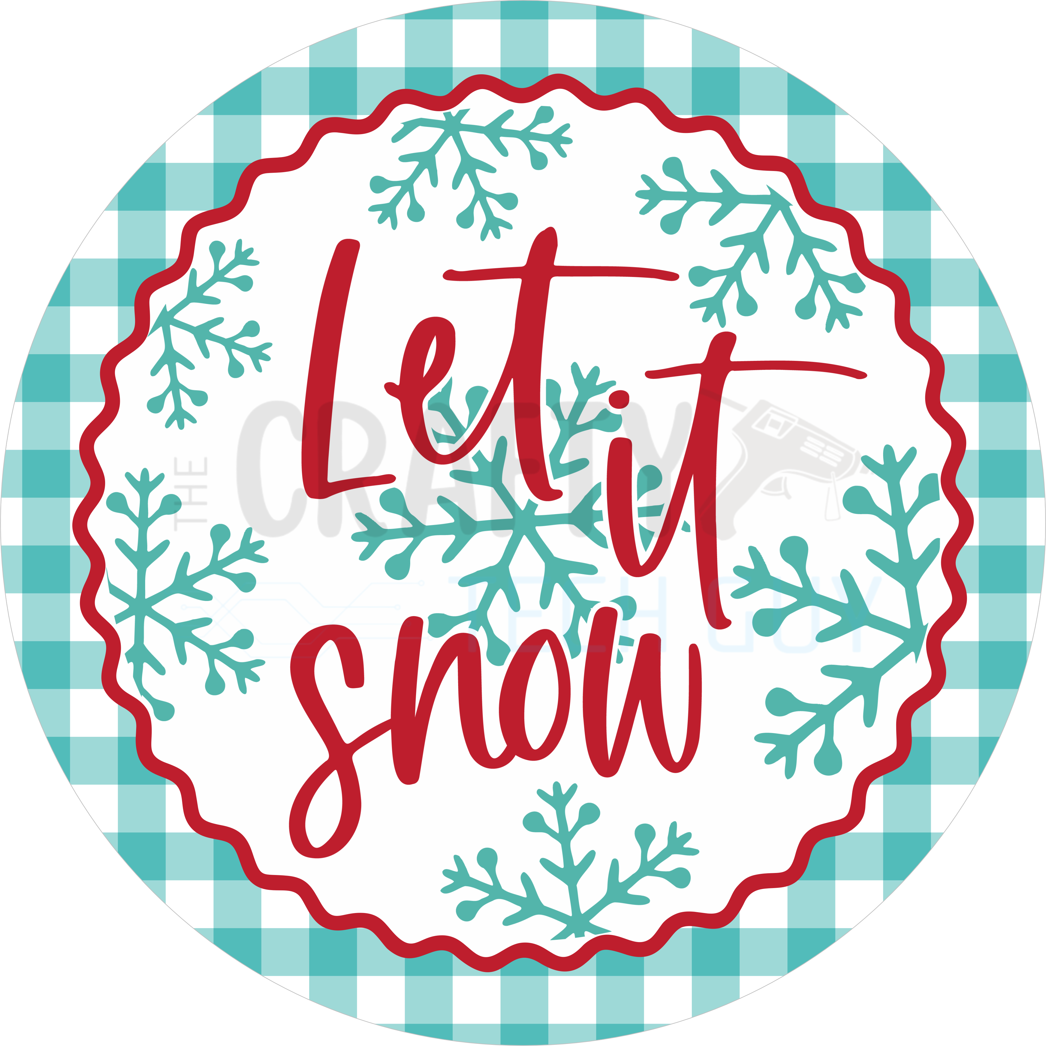 Let It Snow Winter Design | Aqua Gingham and Red Lettering | Festive Snowflake Art for Seasonal Wreaths and Christmas Décor