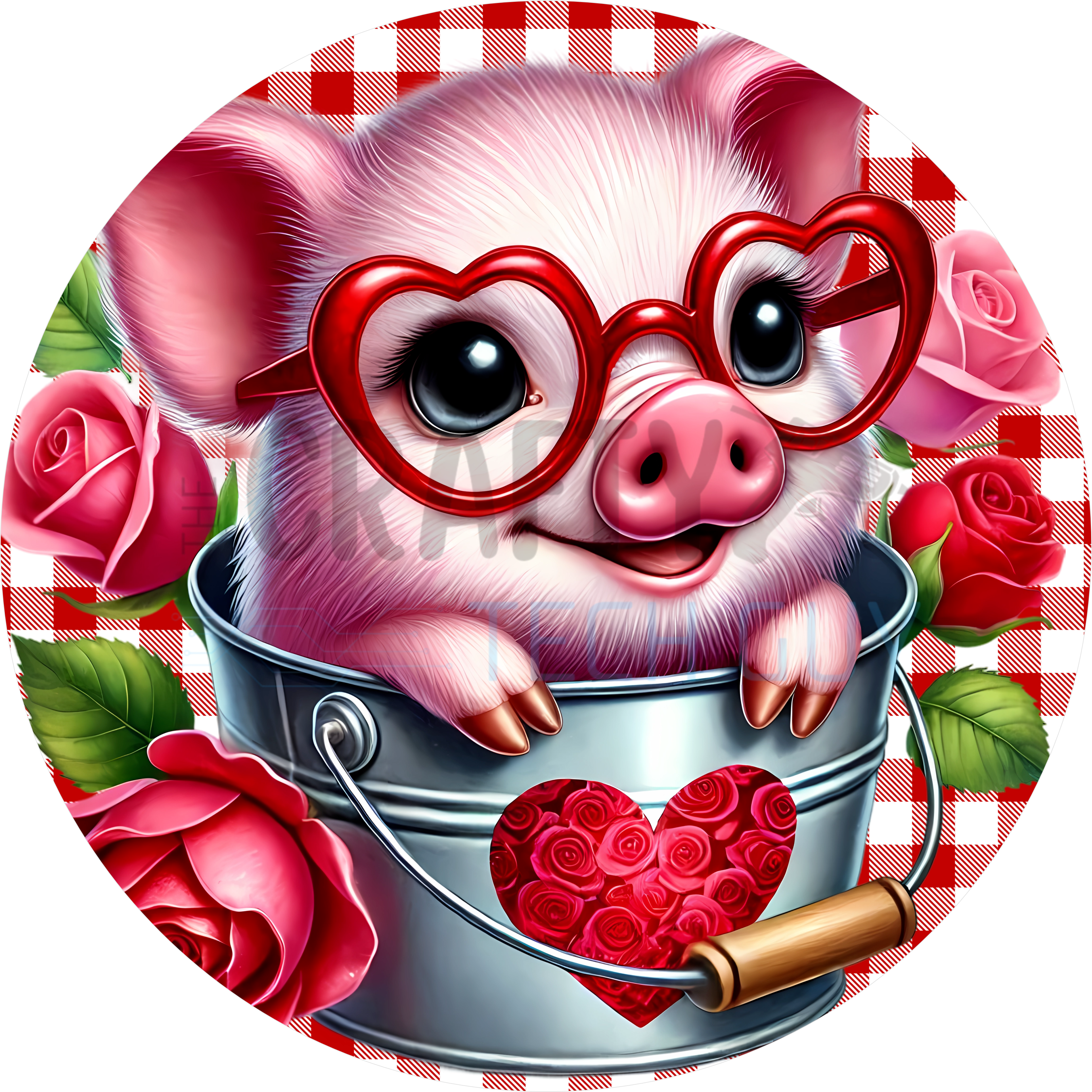 Valentine Pig Design | Cute Piglet with Heart Glasses in Metal Pail Surrounded by Roses on Red Gingham for Romantic Décor