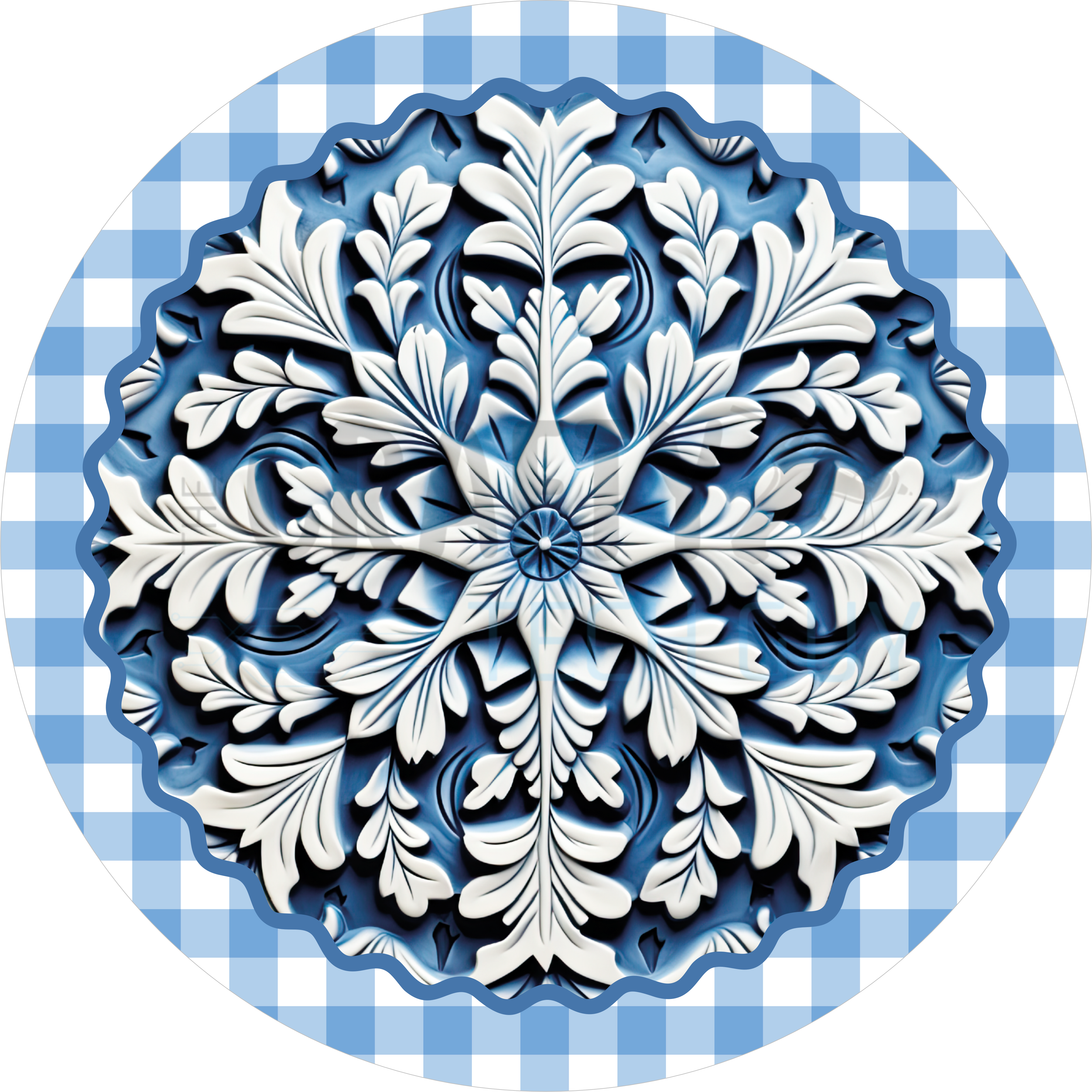 Blue Winter Snowflake Design | Intricate White and Navy Mandala Pattern | Elegant Gingham Art for Holiday and Seasonal Décor