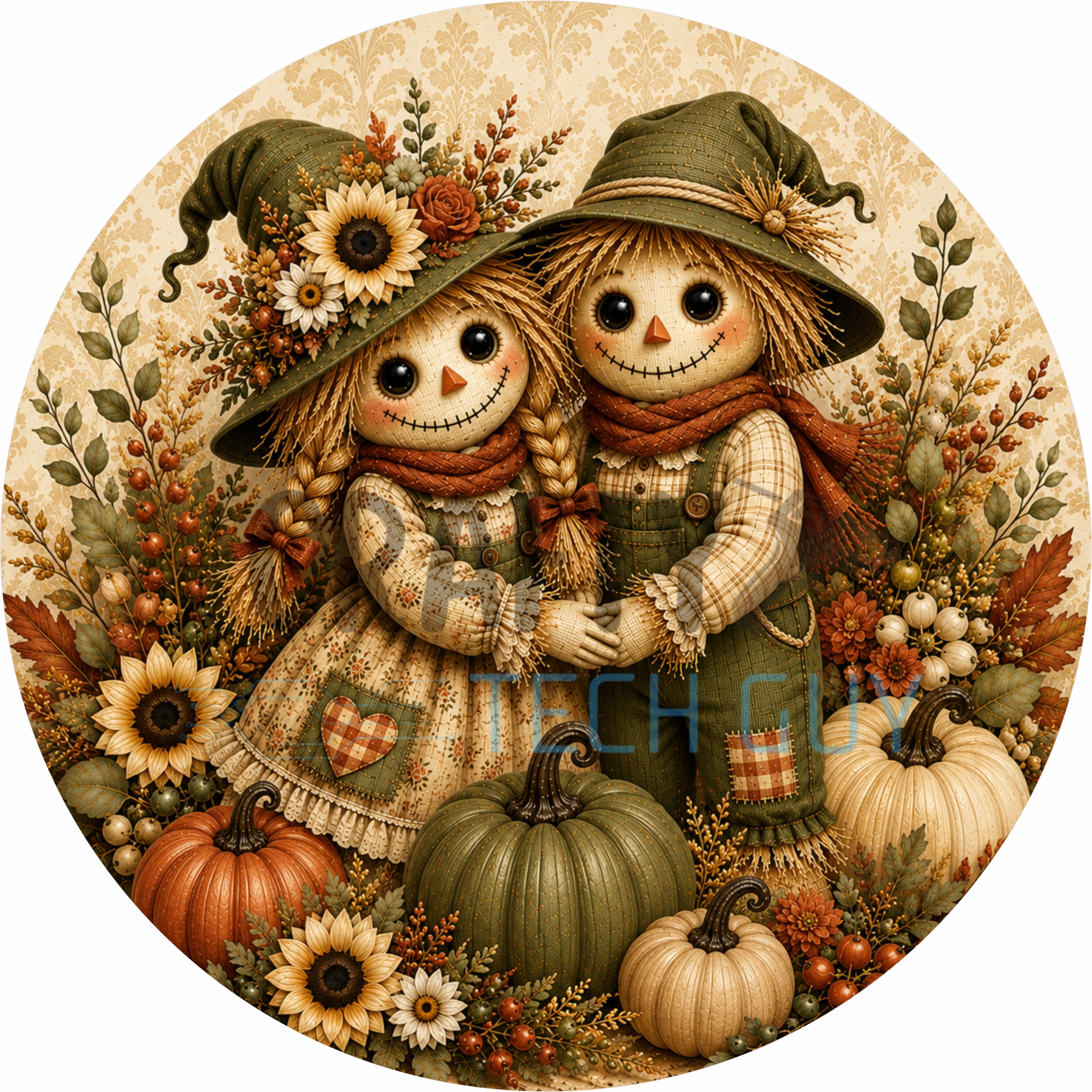 Sage Scarecrow Couple Round Wreath Sign
