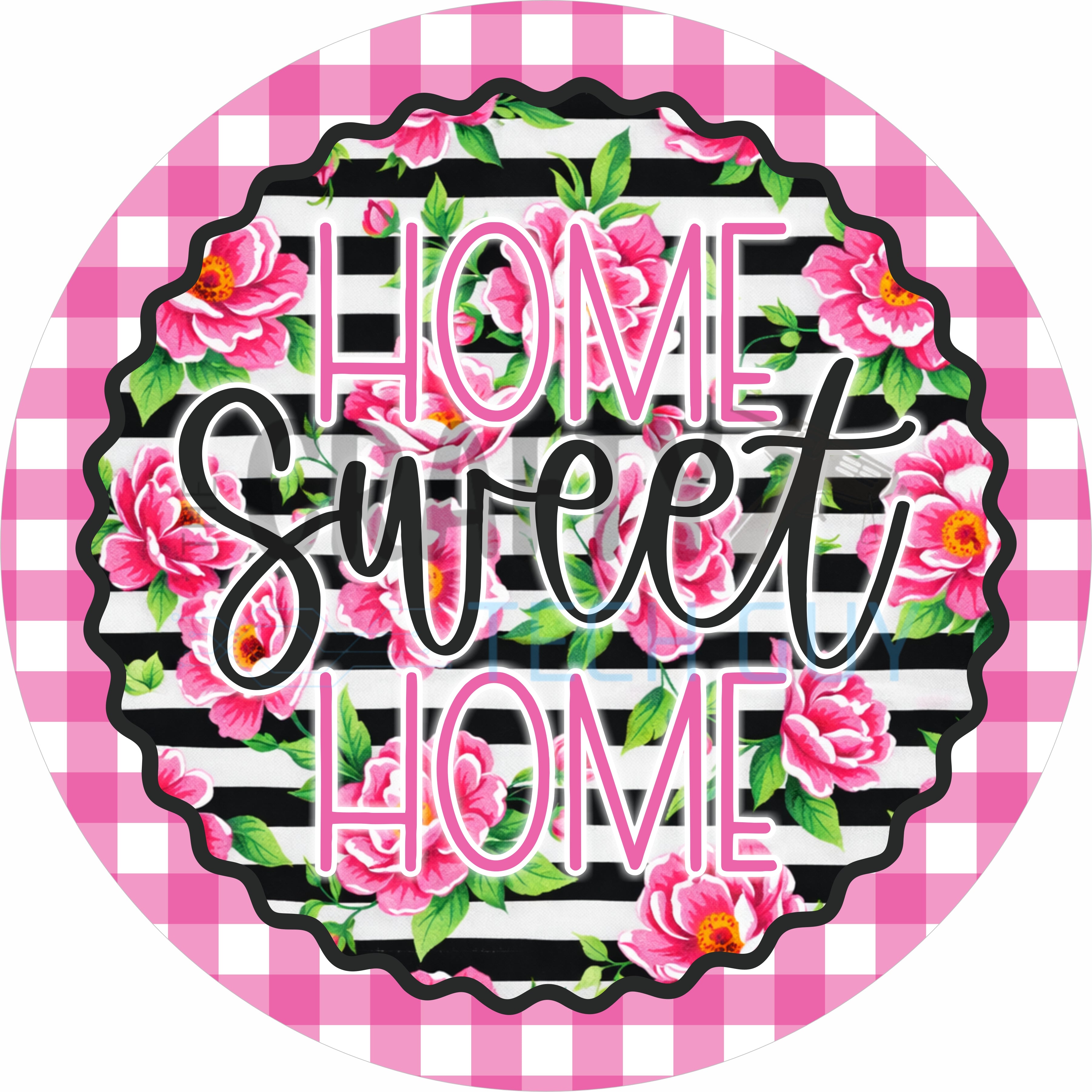 Pink Floral Stripe Home Sweet Home Round Wreath Sign