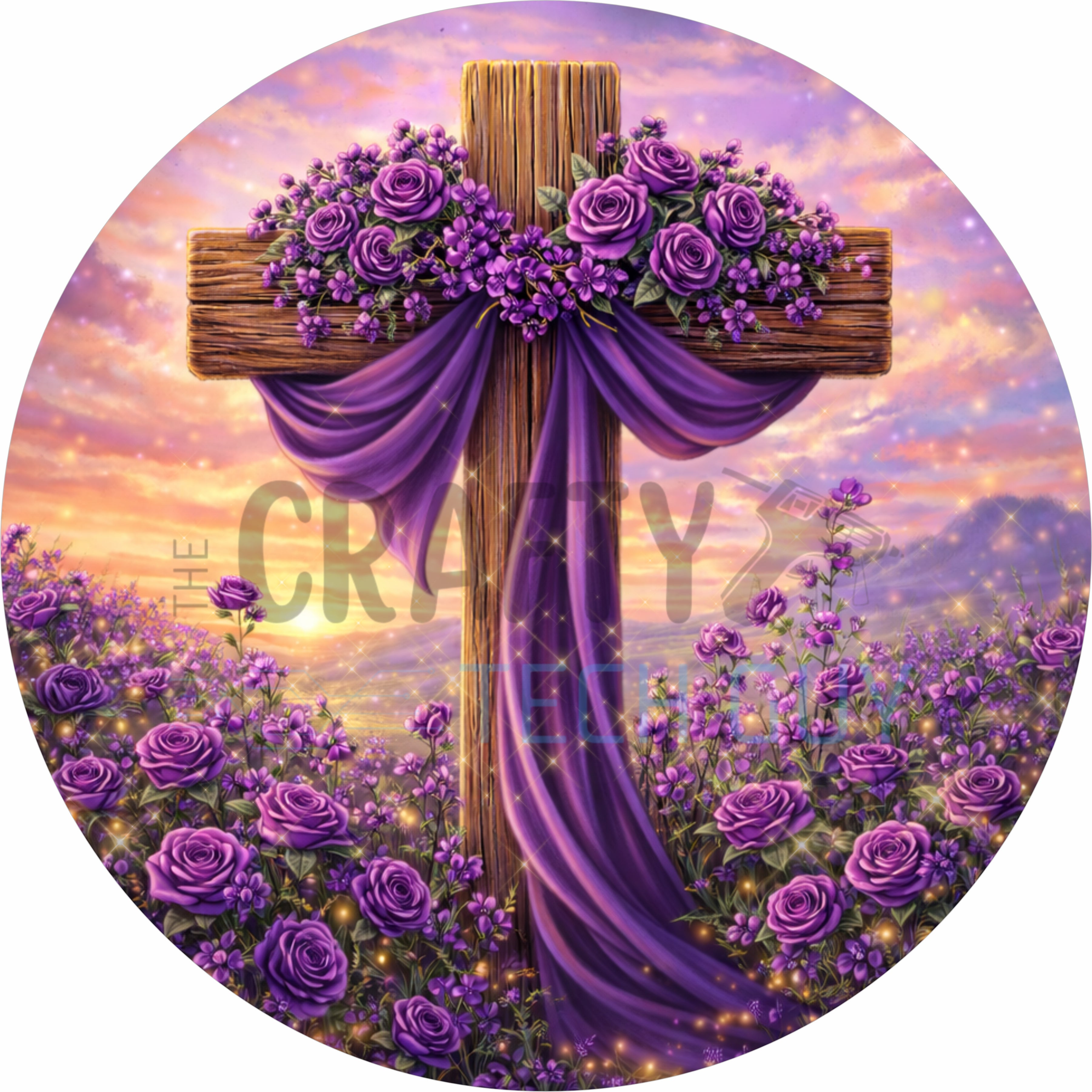 Purple Rose Cross Christian Round Wreath Sign