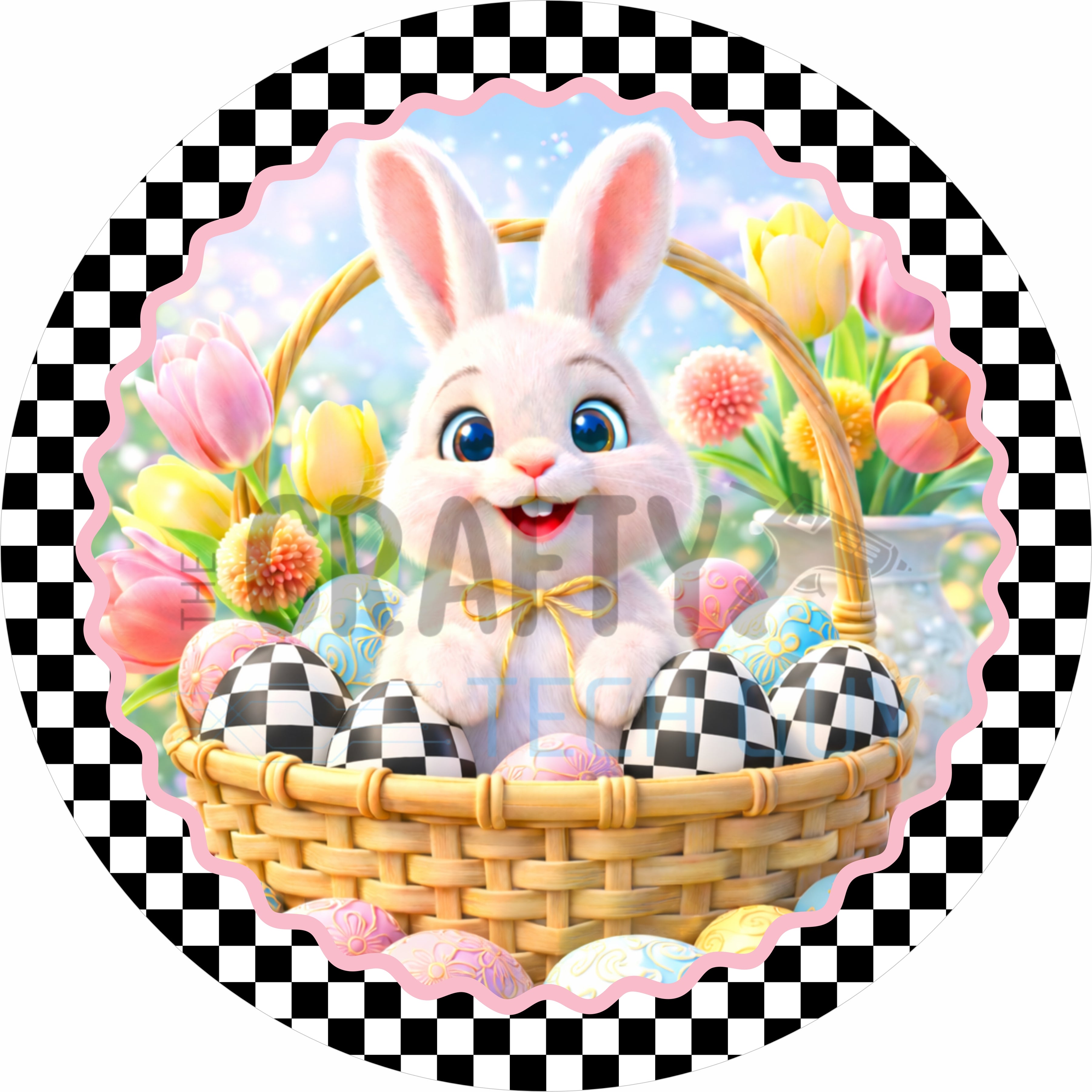 Easter Bunny Basket Checkered Round Wreath Sign