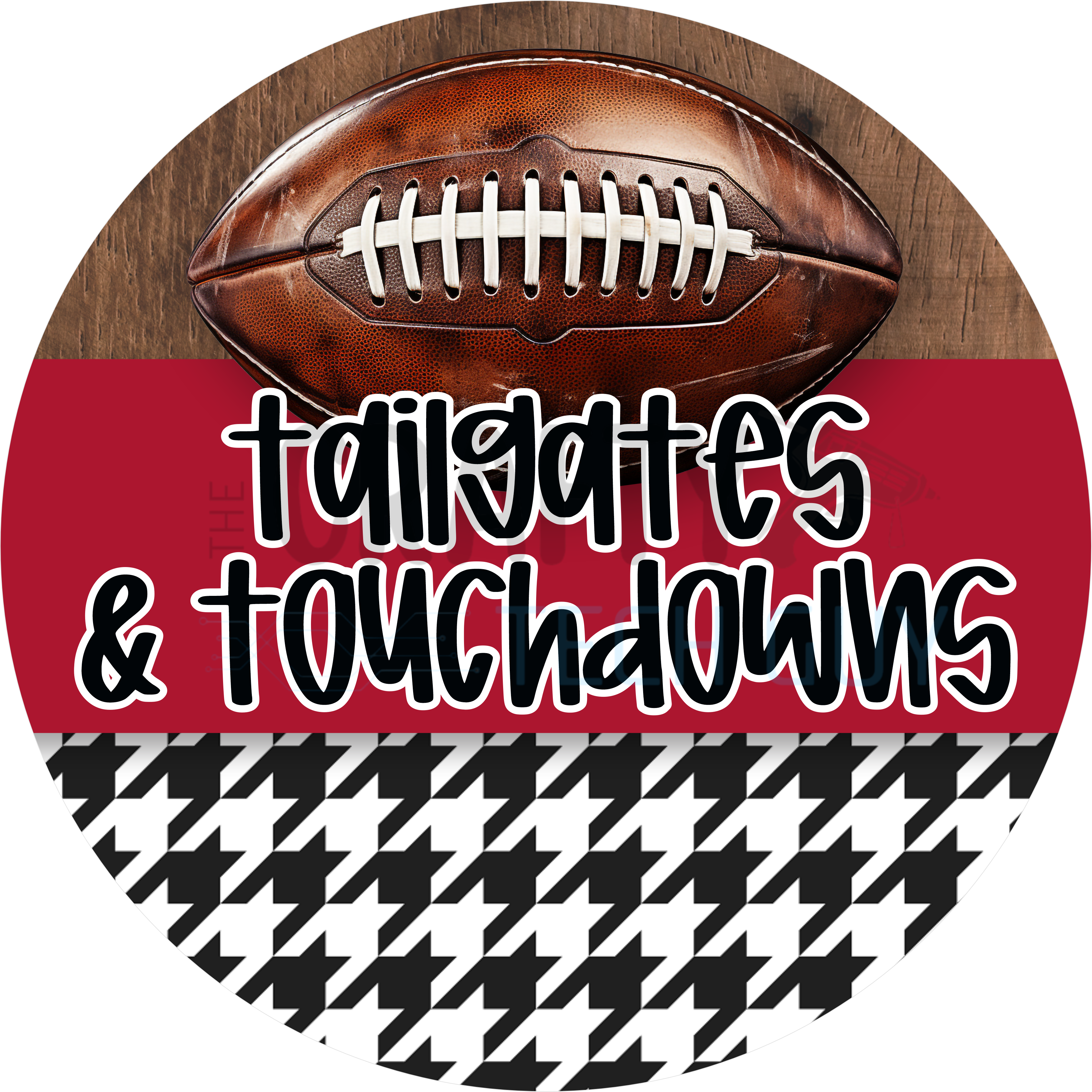 Tailgates and Touchdowns Football Design with Houndstooth and Red Background | Game Day Sports Sign for Fans, Parties, and Fall Décor