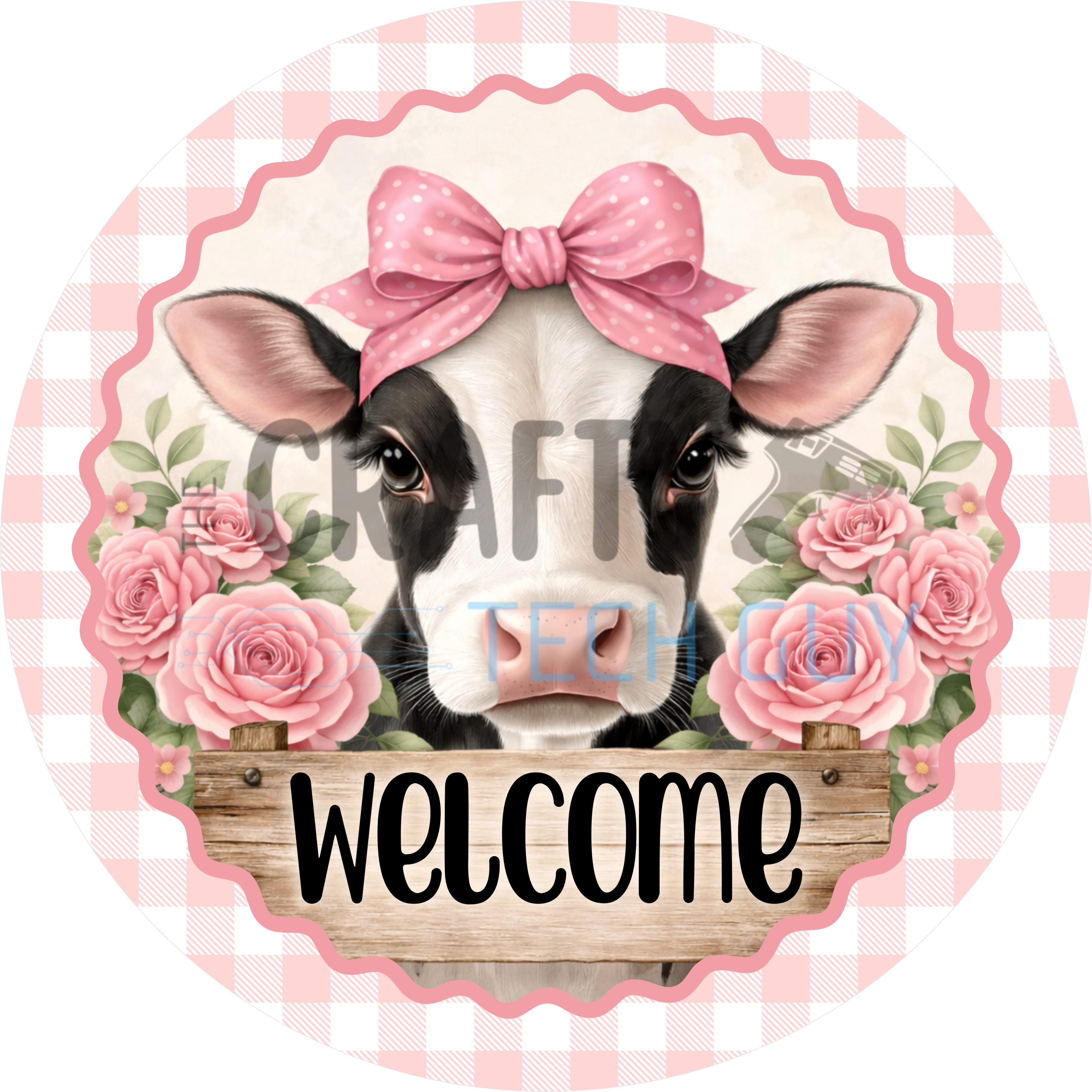 Welcome Cow Pink Bow Farmhouse Round Wreath Sign