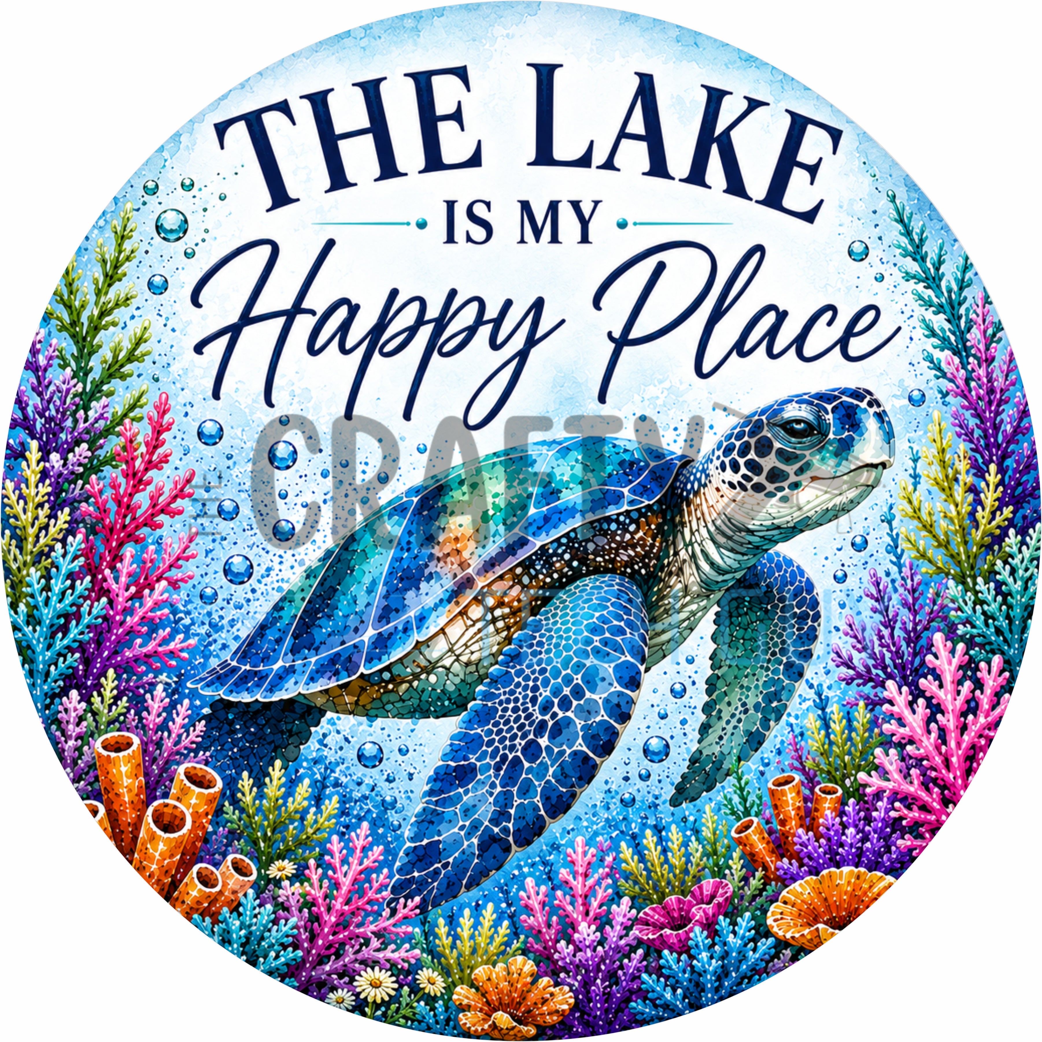 The Lake Is My Happy Place Sea Turtle Round Wreath Sign