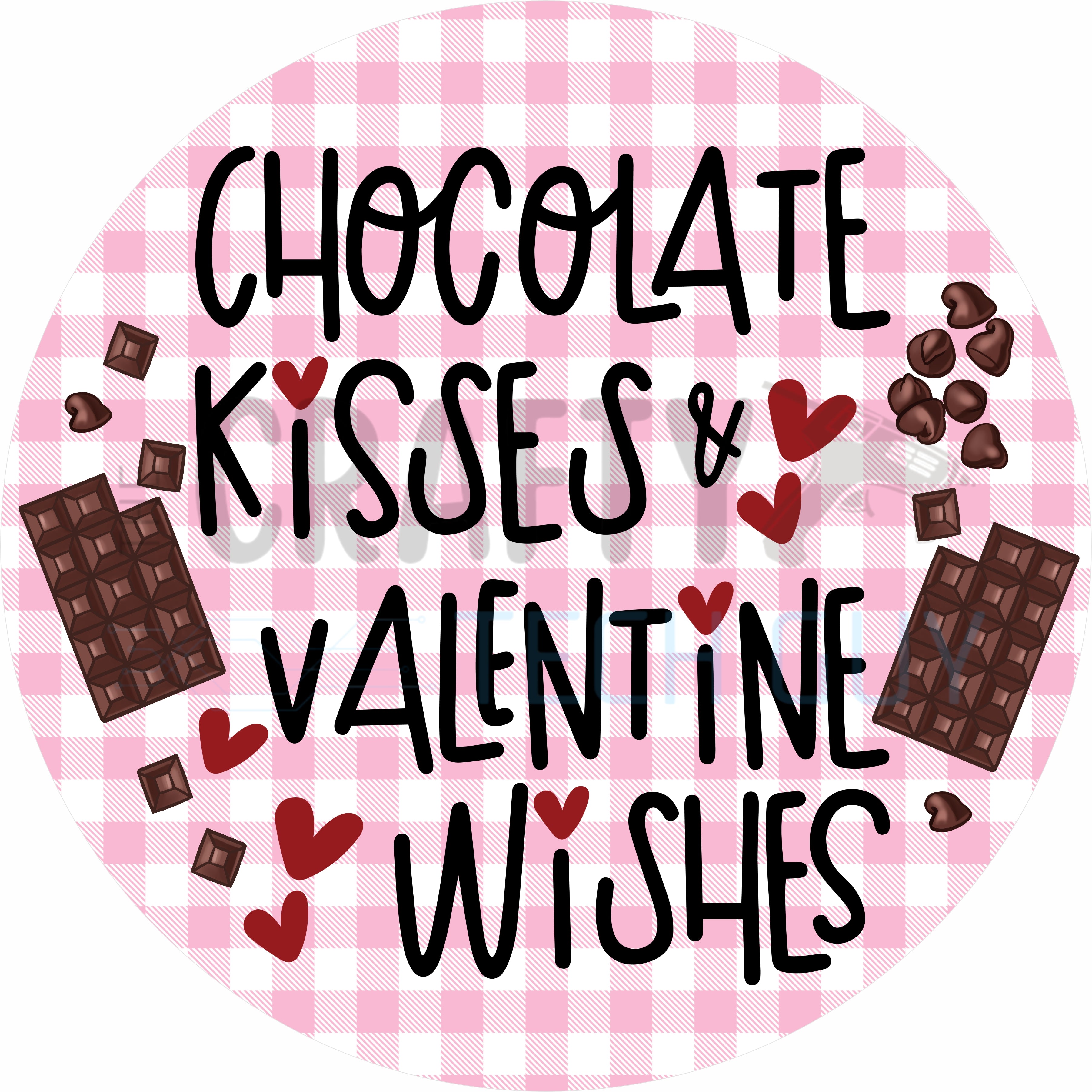 Chocolate Kisses & Valentine Wishes Round Wreath Sign – Valentine Door Decor Pink Gingham Chocolate Sign
