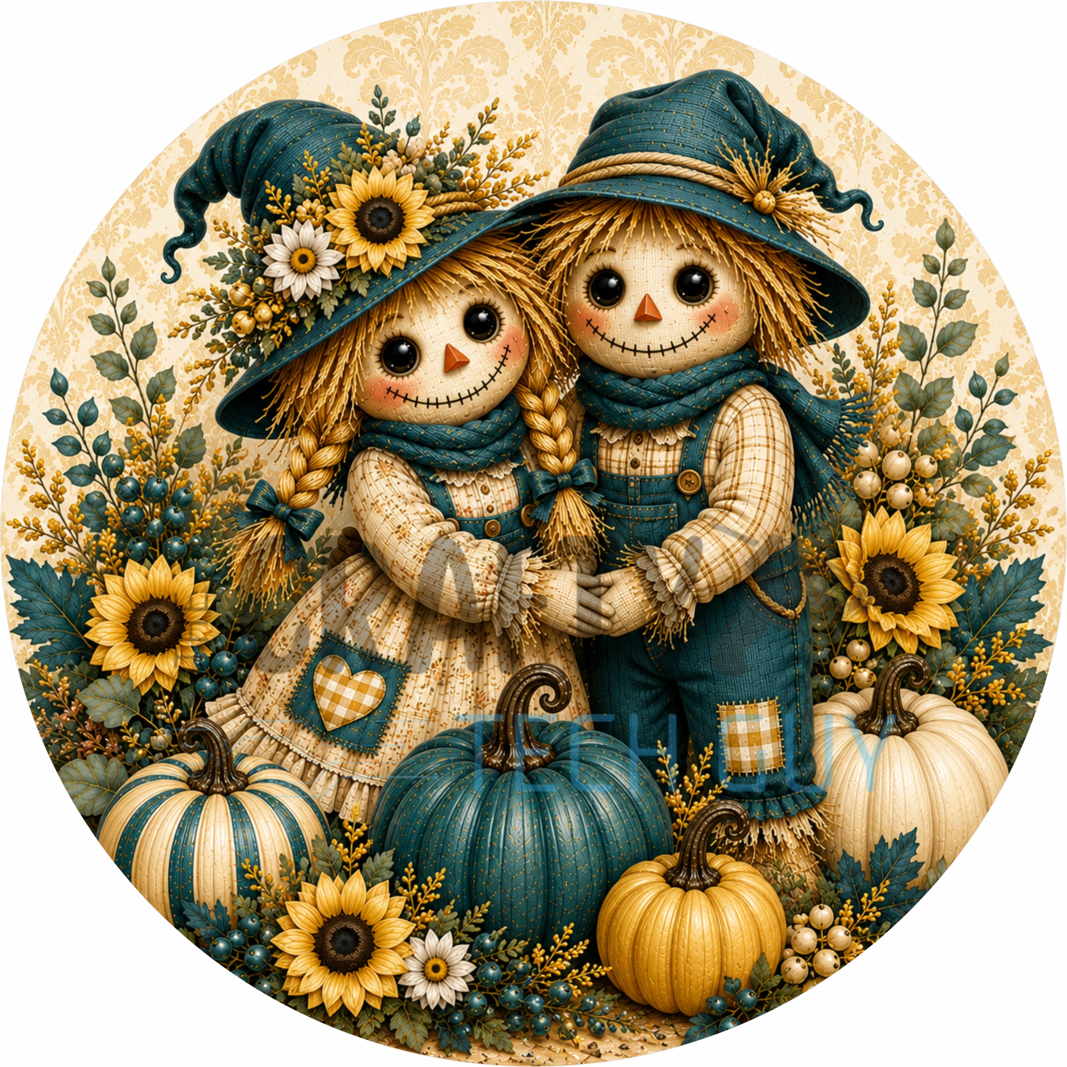 Teal Scarecrow Couple Round Wreath Sign