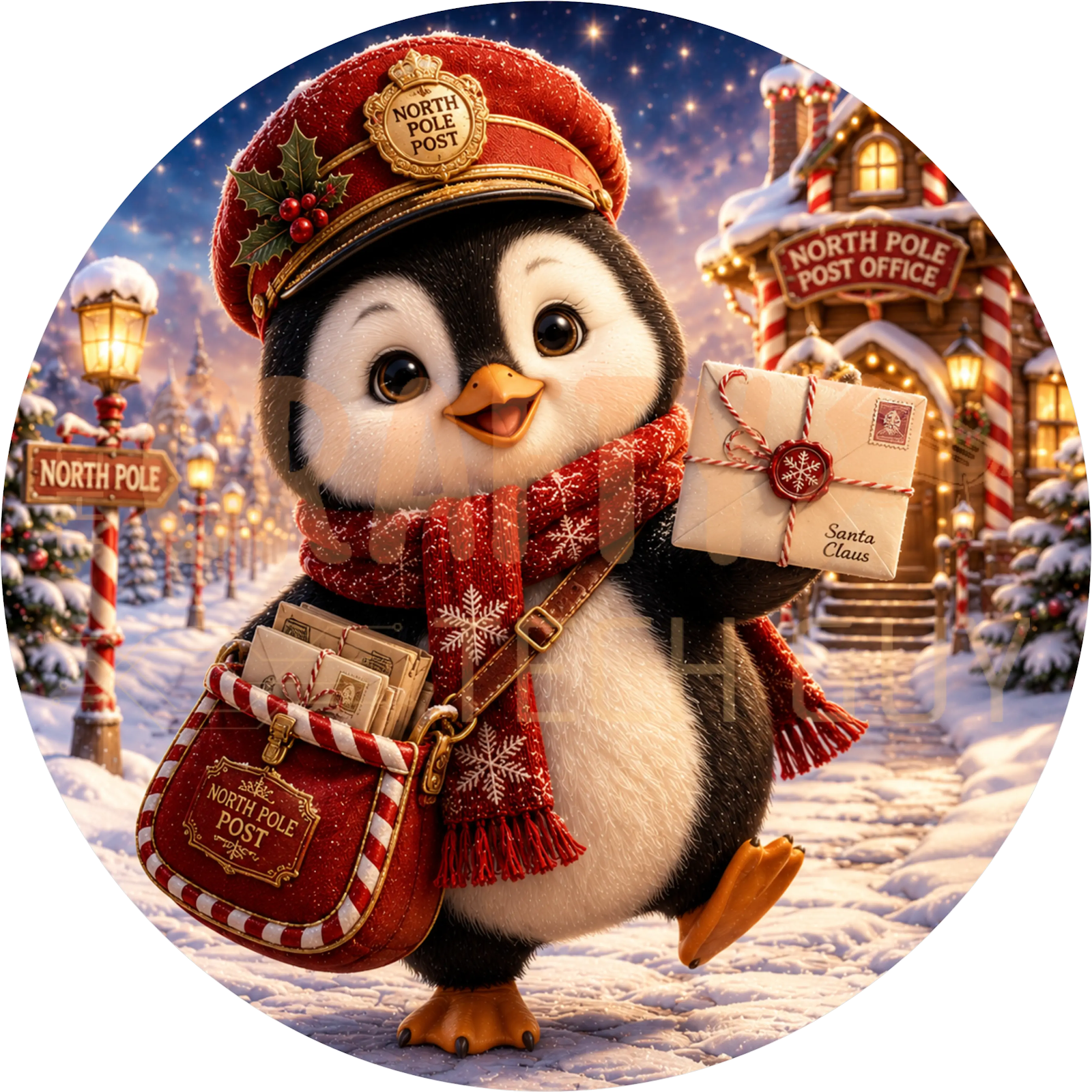 Penguin Mail Carrier Christmas Wreath Sign – North Pole Post Design