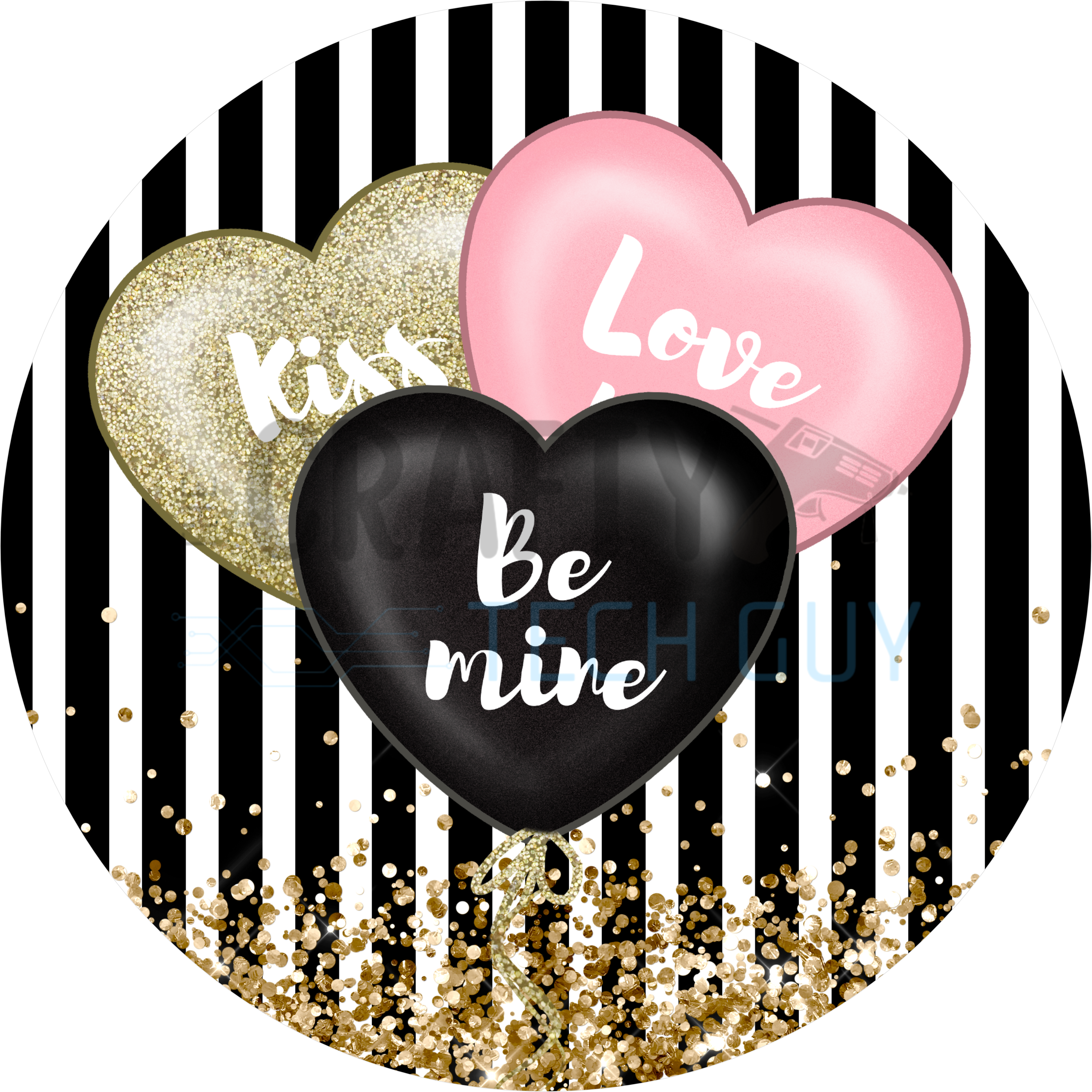 Be Mine Valentine’s Day Sign with Heart Balloons, Gold Glitter Accents, and Black White Stripe Background for Romantic Décor